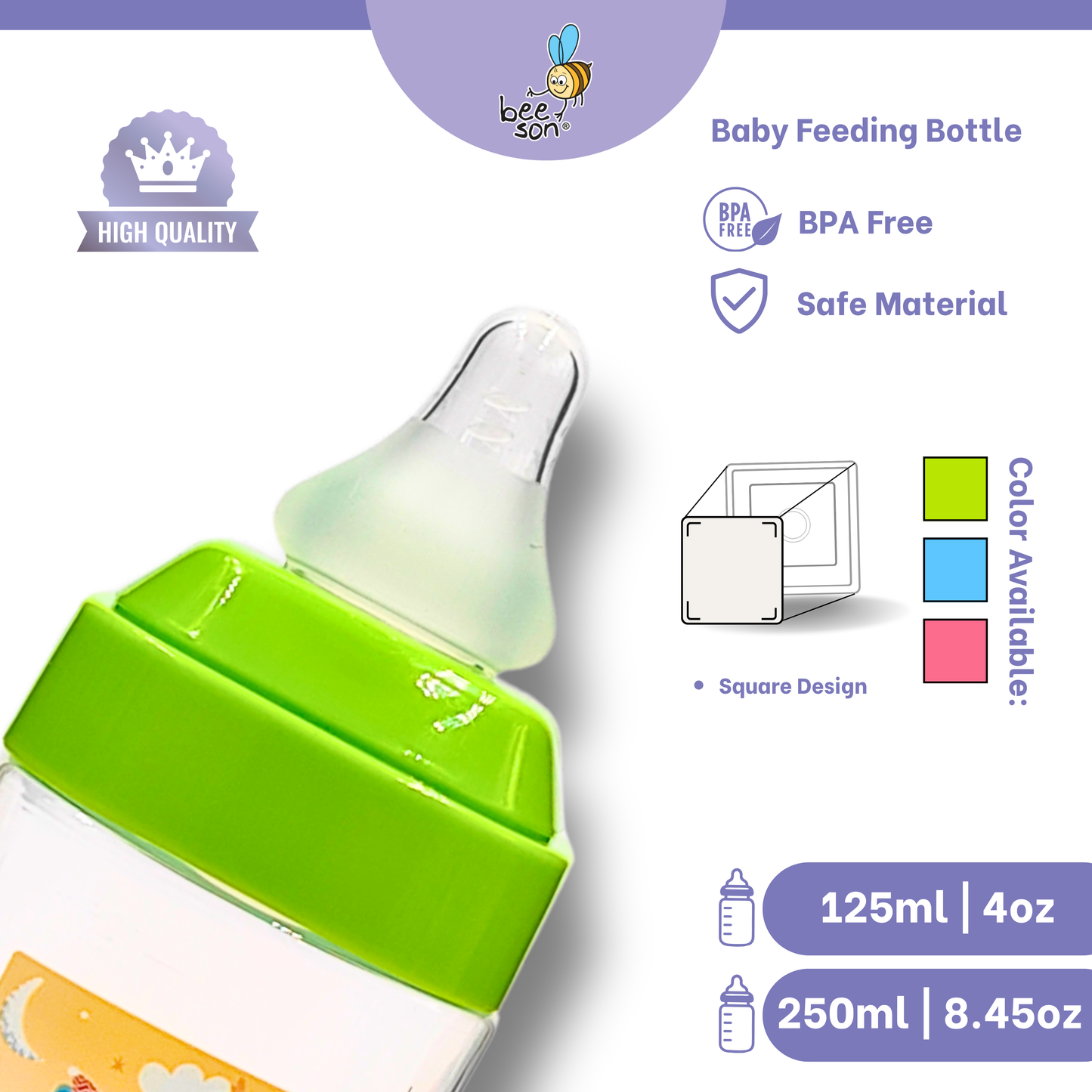 Beeson 125ml | 4oz & 250ml | 8.45oz Square Design Wide Neck Feeding Bottle 80526 | 80527