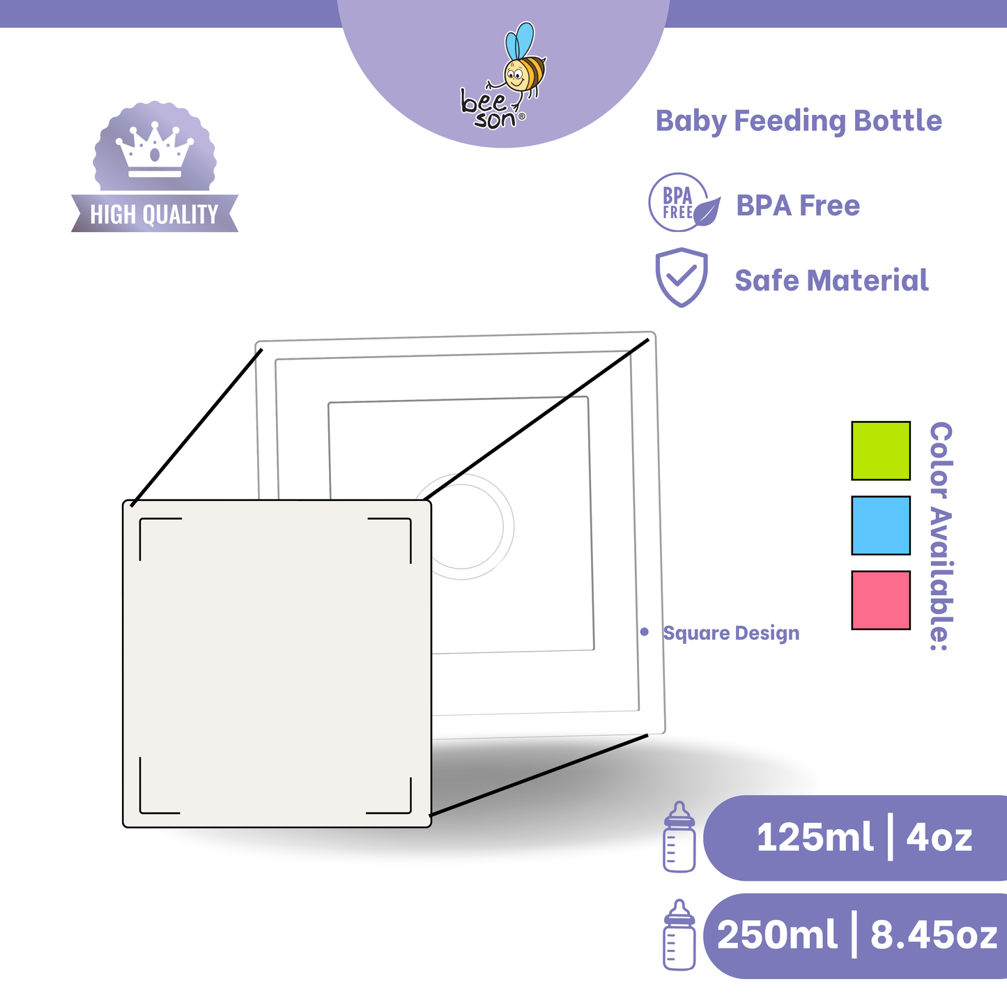 Beeson 125ml | 4oz & 250ml | 8.45oz Square Design Wide Neck Feeding Bottle 80526 | 80527