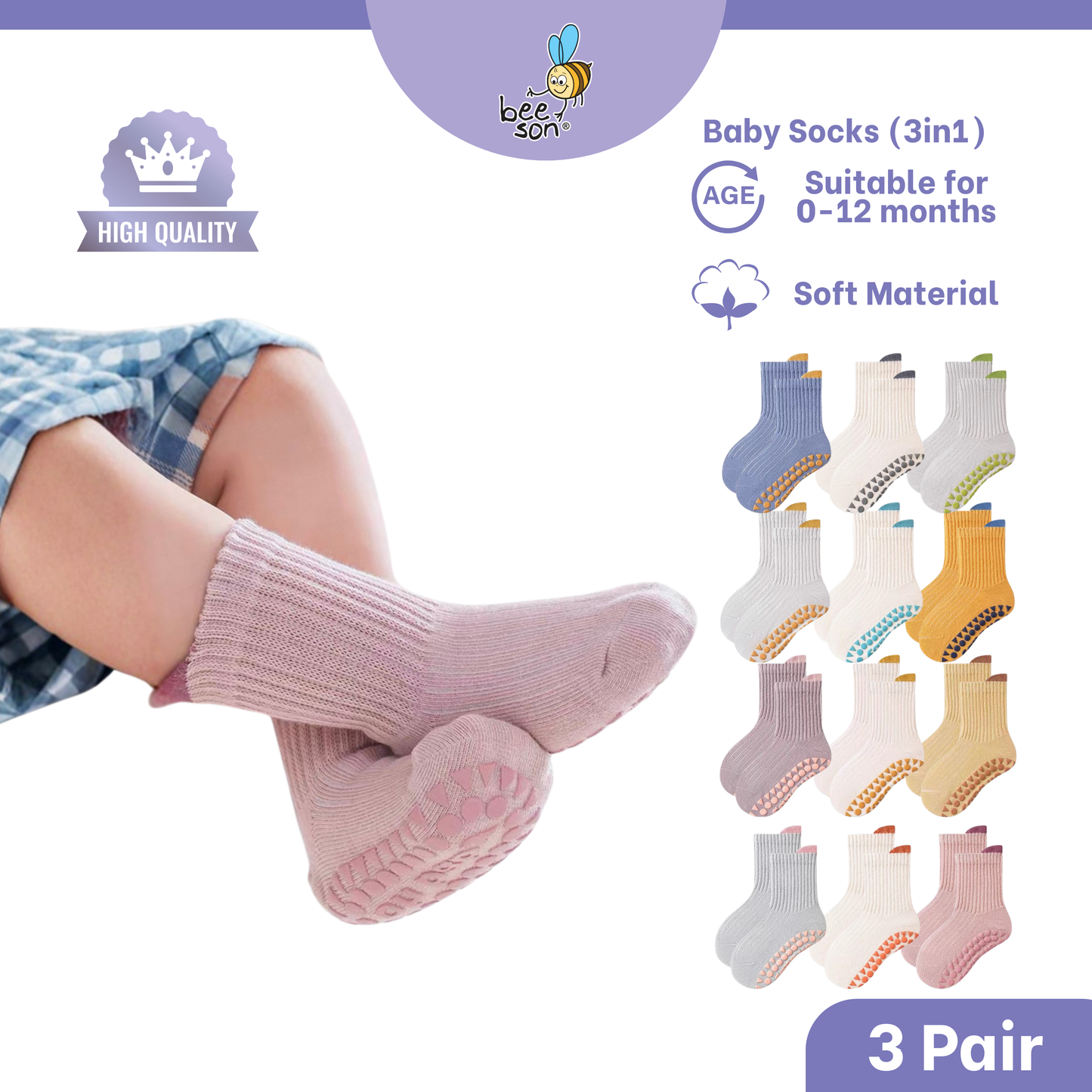 Beeson 2in1 | 3in1 | Baby Girl | Boy Socks Unisex Anti-Slip 80980 | 80981 | 80982 | 80983