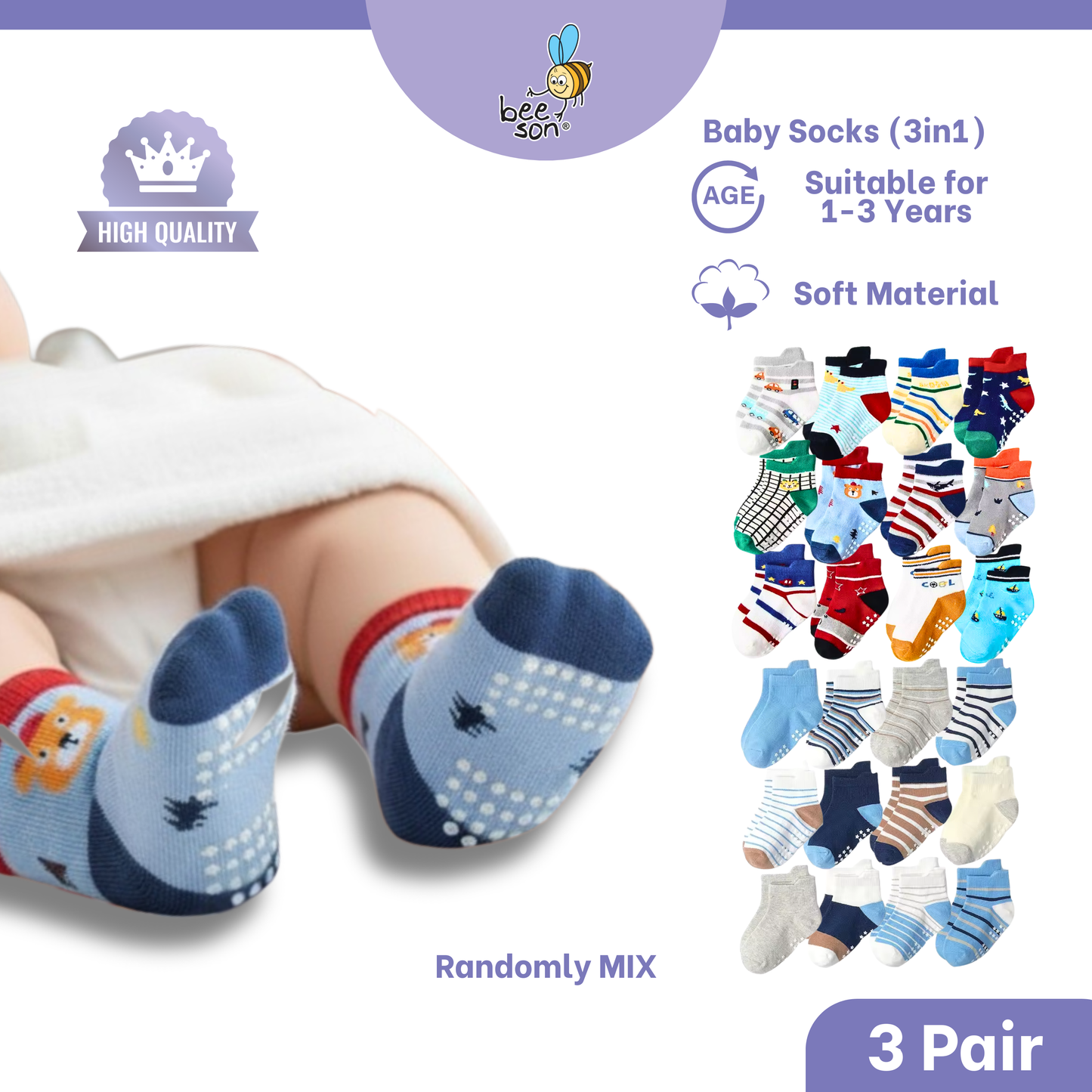 Beeson 2in1 | 3in1 | Baby Girl | Boy Socks Unisex Anti-Slip 80980 | 80981 | 80982 | 80983