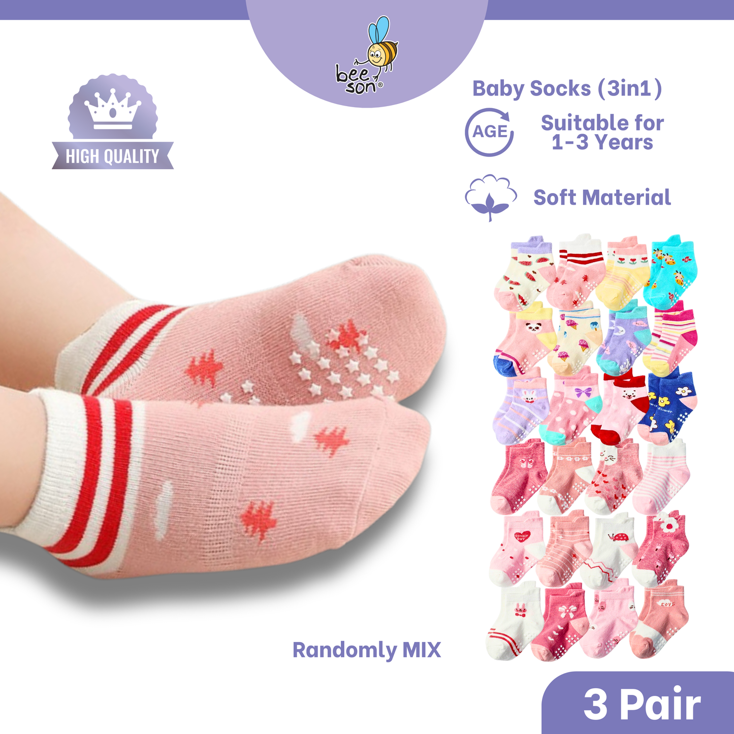 Beeson 2in1 | 3in1 | Baby Girl | Boy Socks Unisex Anti-Slip 80980 | 80981 | 80982 | 80983