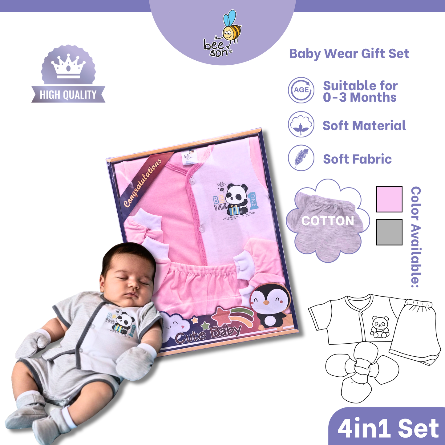 Beeson 4in1 Cotton Newborn Baby Boy / Girl Hamper Wear Gift Set Box | 81280