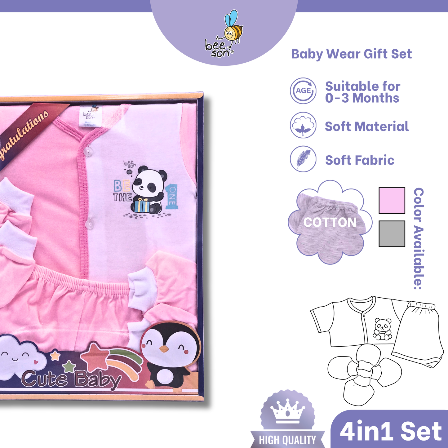 Beeson 4in1 Cotton Newborn Baby Boy / Girl Hamper Wear Gift Set Box | 81280