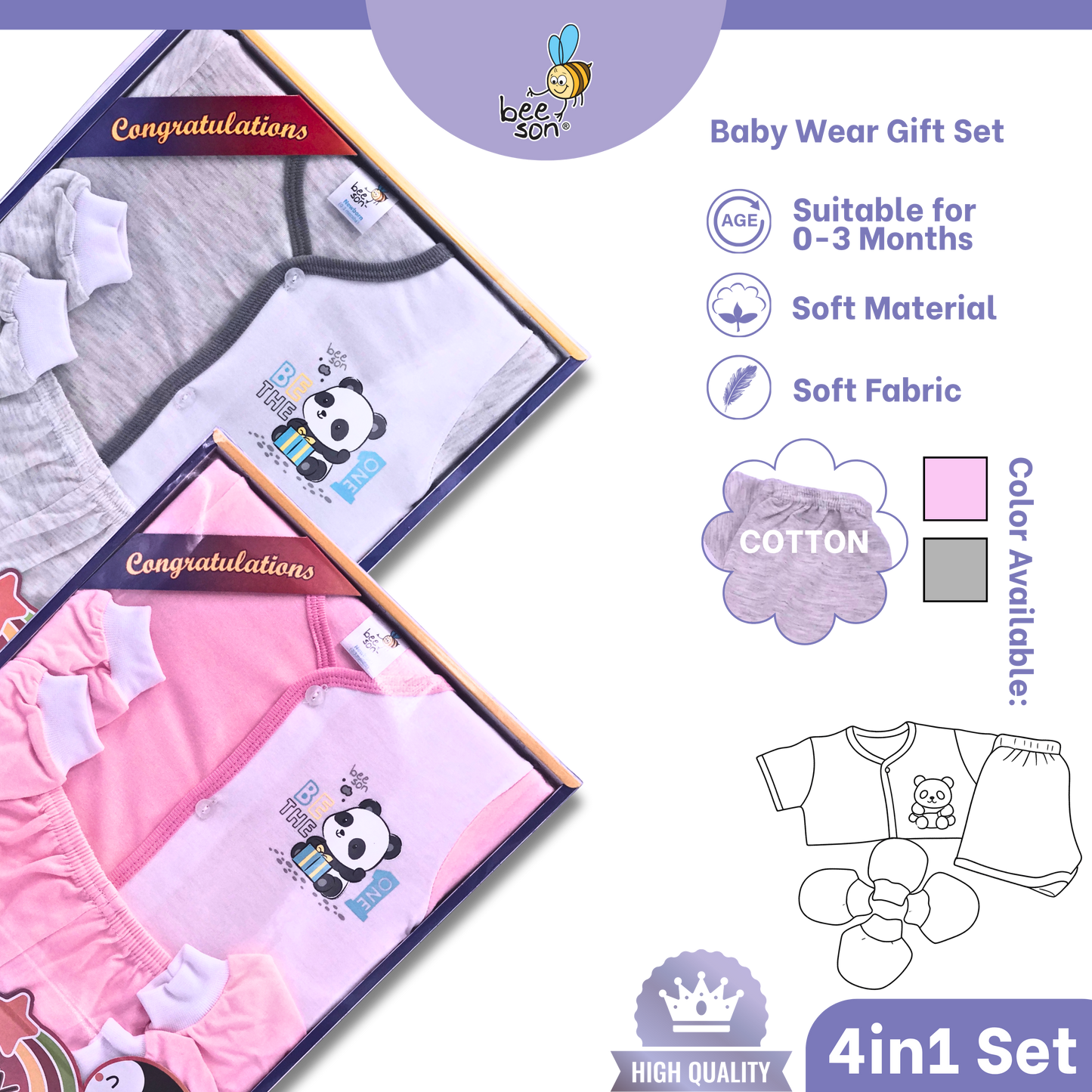 Beeson 4in1 Cotton Newborn Baby Boy / Girl Hamper Wear Gift Set Box | 81280