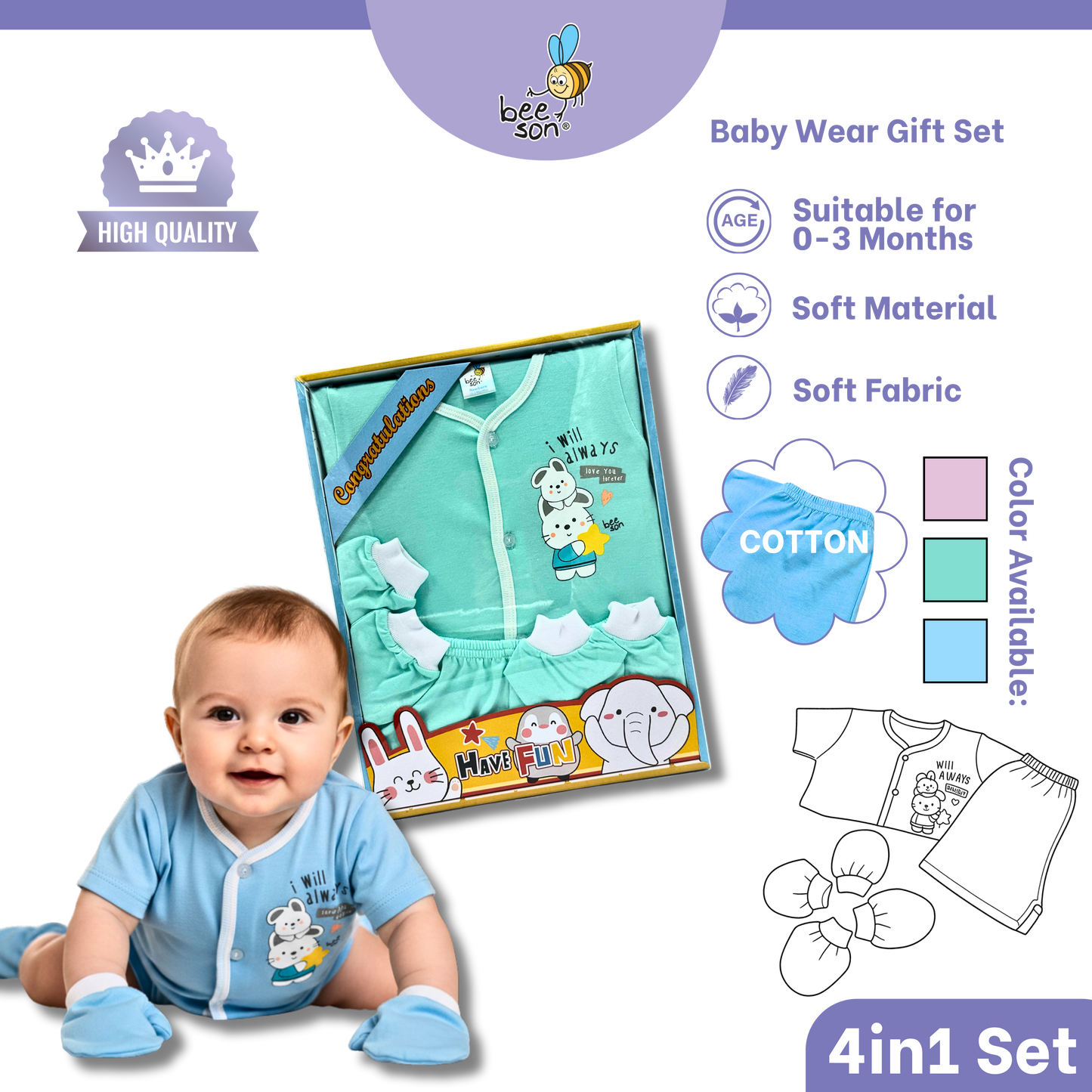 Beeson 4in1 Cotton Newborn Baby Boy / Girl Hamper Wear Gift Set Box | 81281