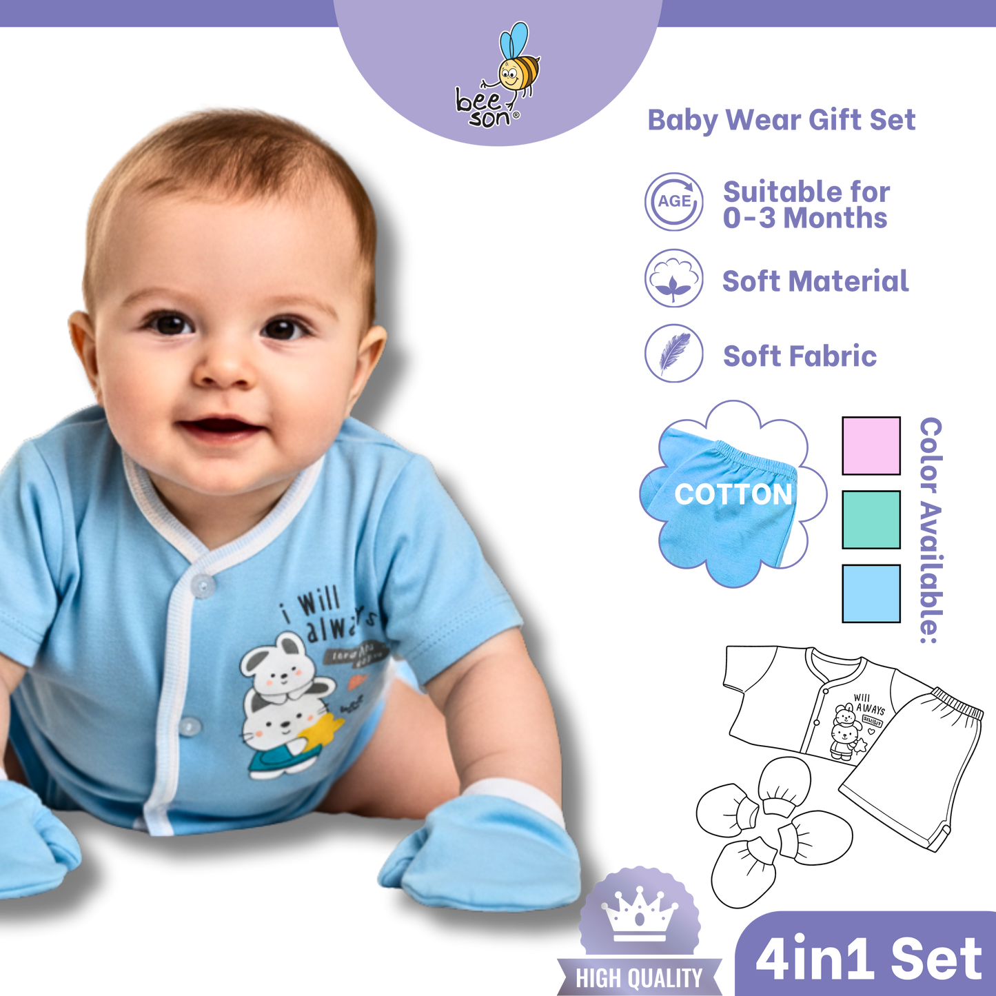 Beeson 4in1 Cotton Newborn Baby Boy / Girl Hamper Wear Gift Set Box | 81281