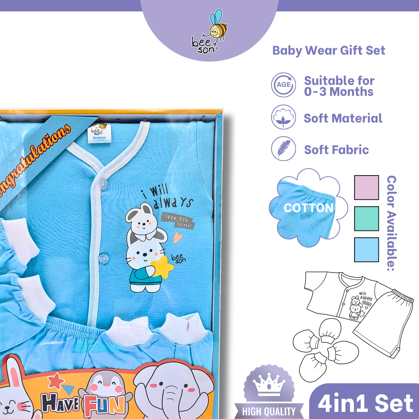 Beeson 4in1 Cotton Newborn Baby Boy / Girl Hamper Wear Gift Set Box | 81281