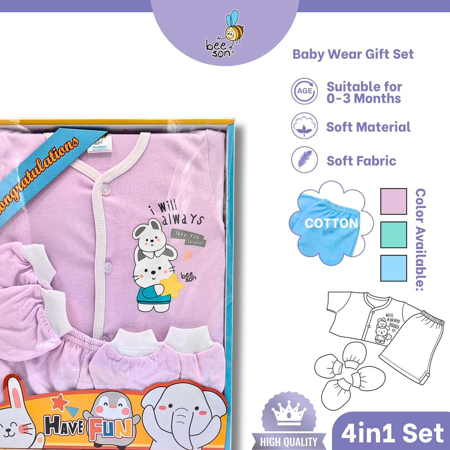 Beeson 4in1 Cotton Newborn Baby Boy / Girl Hamper Wear Gift Set Box | 81281