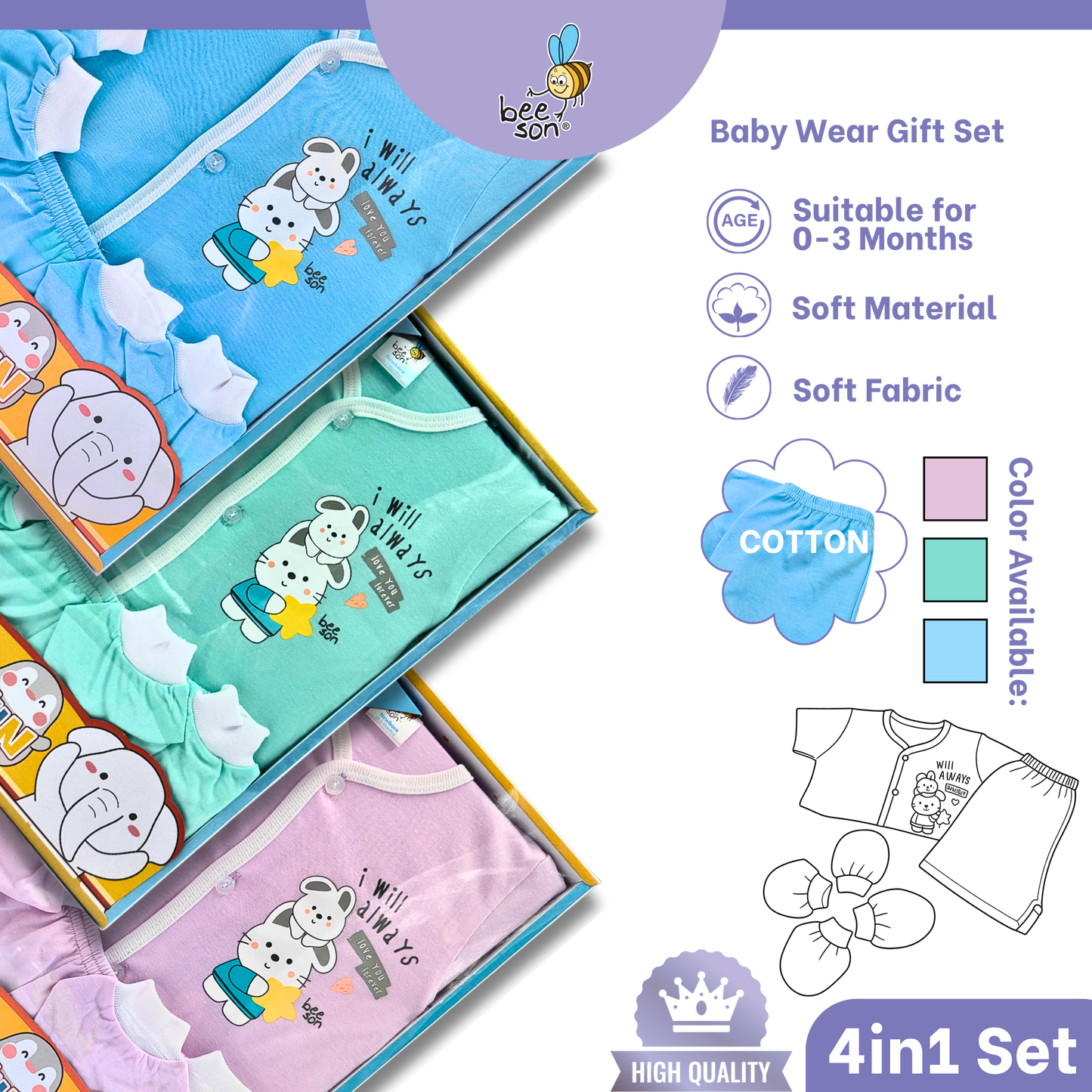 Beeson 4in1 Cotton Newborn Baby Boy / Girl Hamper Wear Gift Set Box | 81281
