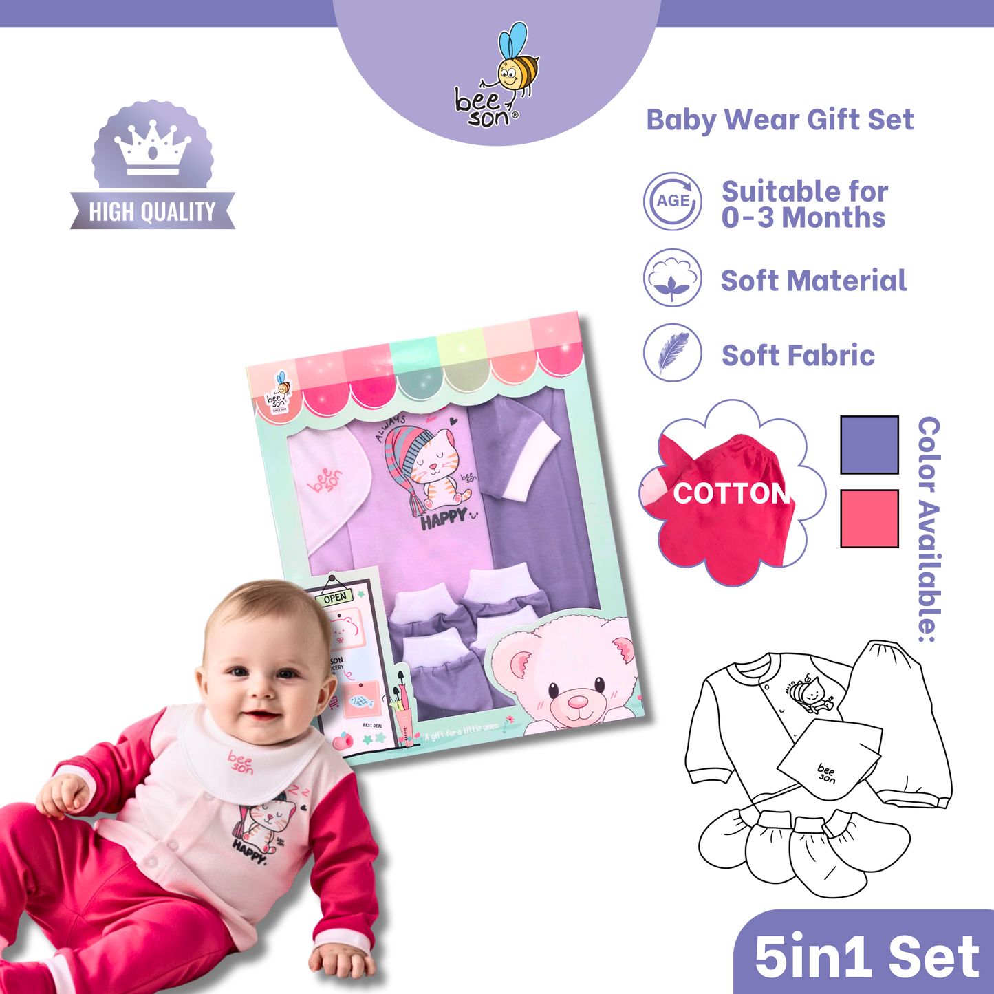Beeson 5in1 Cotton Newborn Baby Boy / Girl Hamper Wear Gift Set Box | 81282