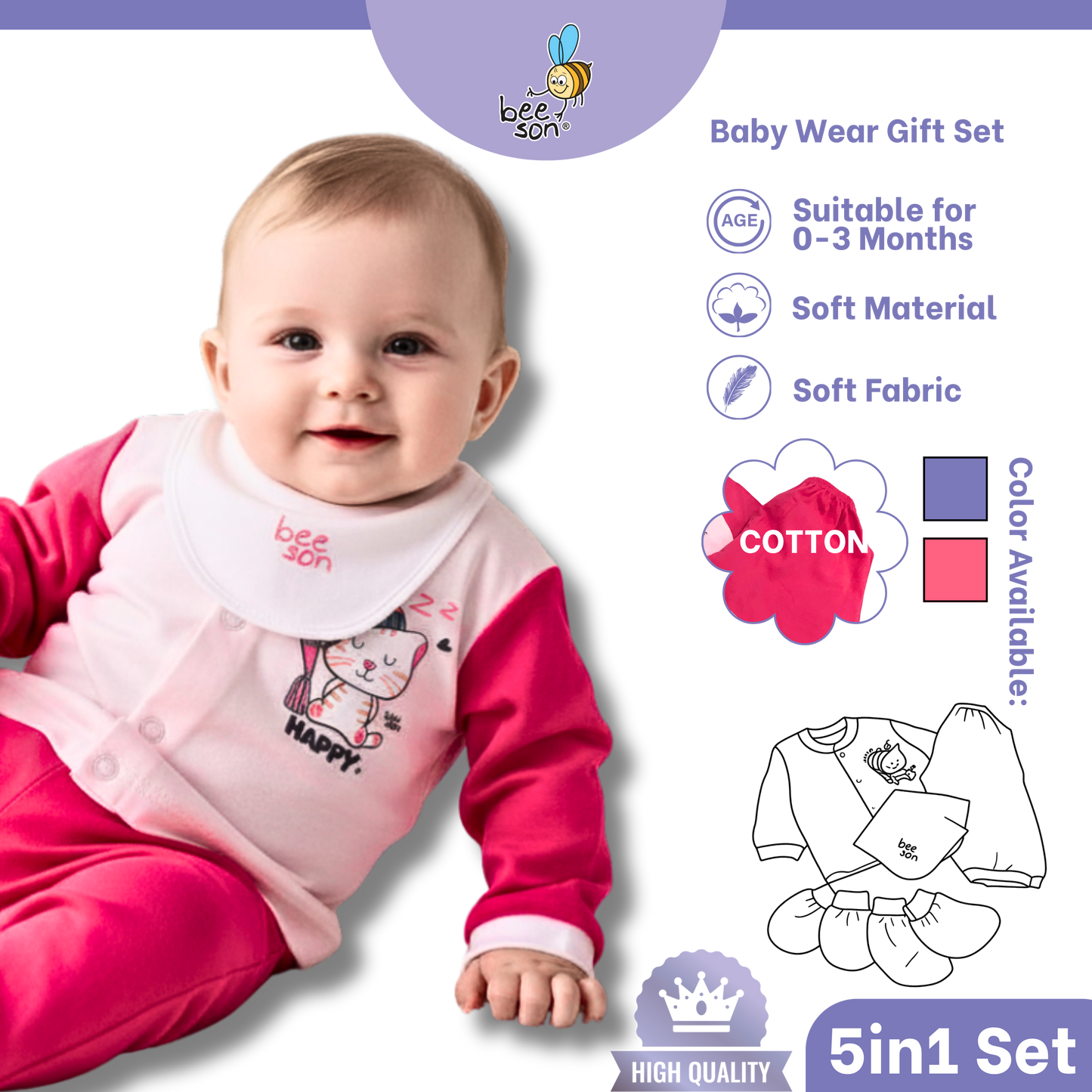 Beeson 5in1 Cotton Newborn Baby Boy / Girl Hamper Wear Gift Set Box | 81282