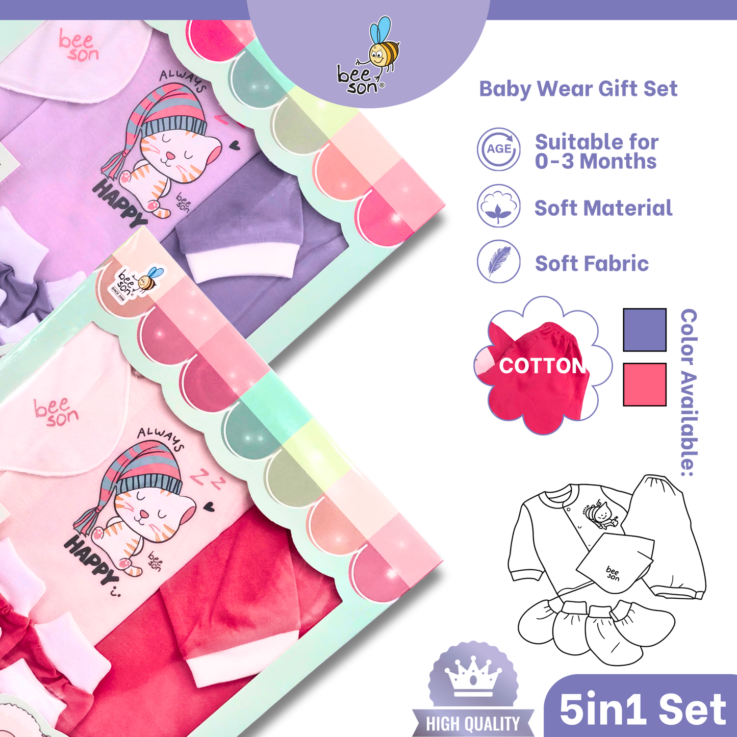 Beeson 5in1 Cotton Newborn Baby Boy / Girl Hamper Wear Gift Set Box | 81282