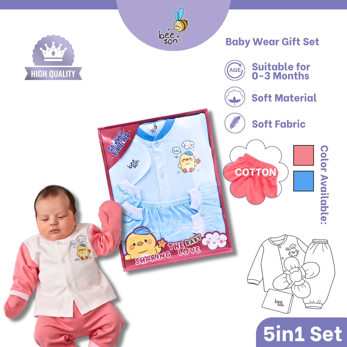 Beeson 5in1 Cotton Newborn Baby Boy / Girl Hamper Wear Gift Set Box | 81283