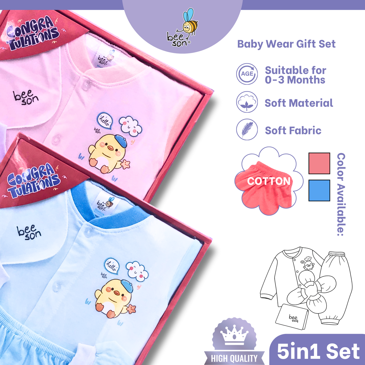 Beeson 5in1 Cotton Newborn Baby Boy / Girl Hamper Wear Gift Set Box | 81283