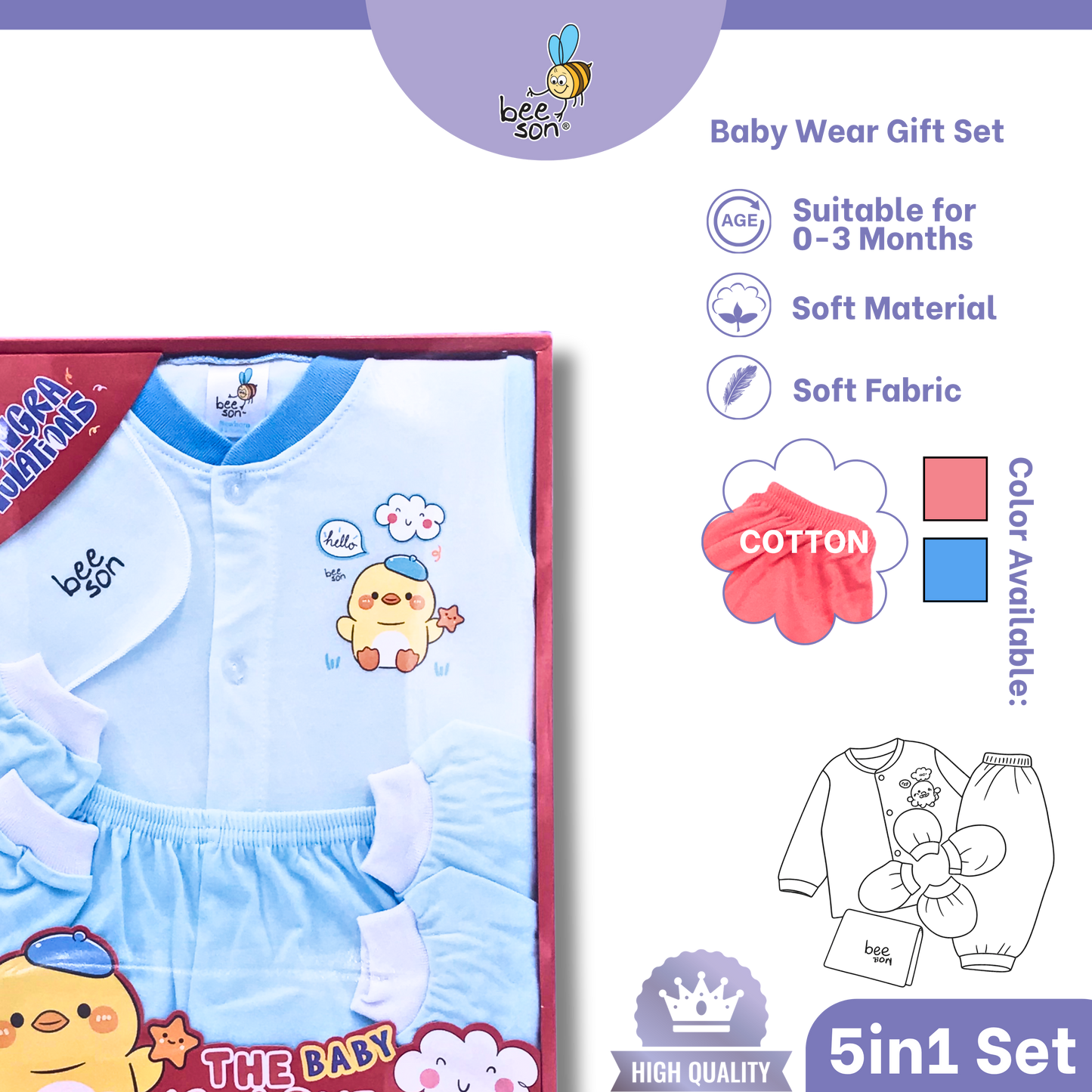 Beeson 5in1 Cotton Newborn Baby Boy / Girl Hamper Wear Gift Set Box | 81283