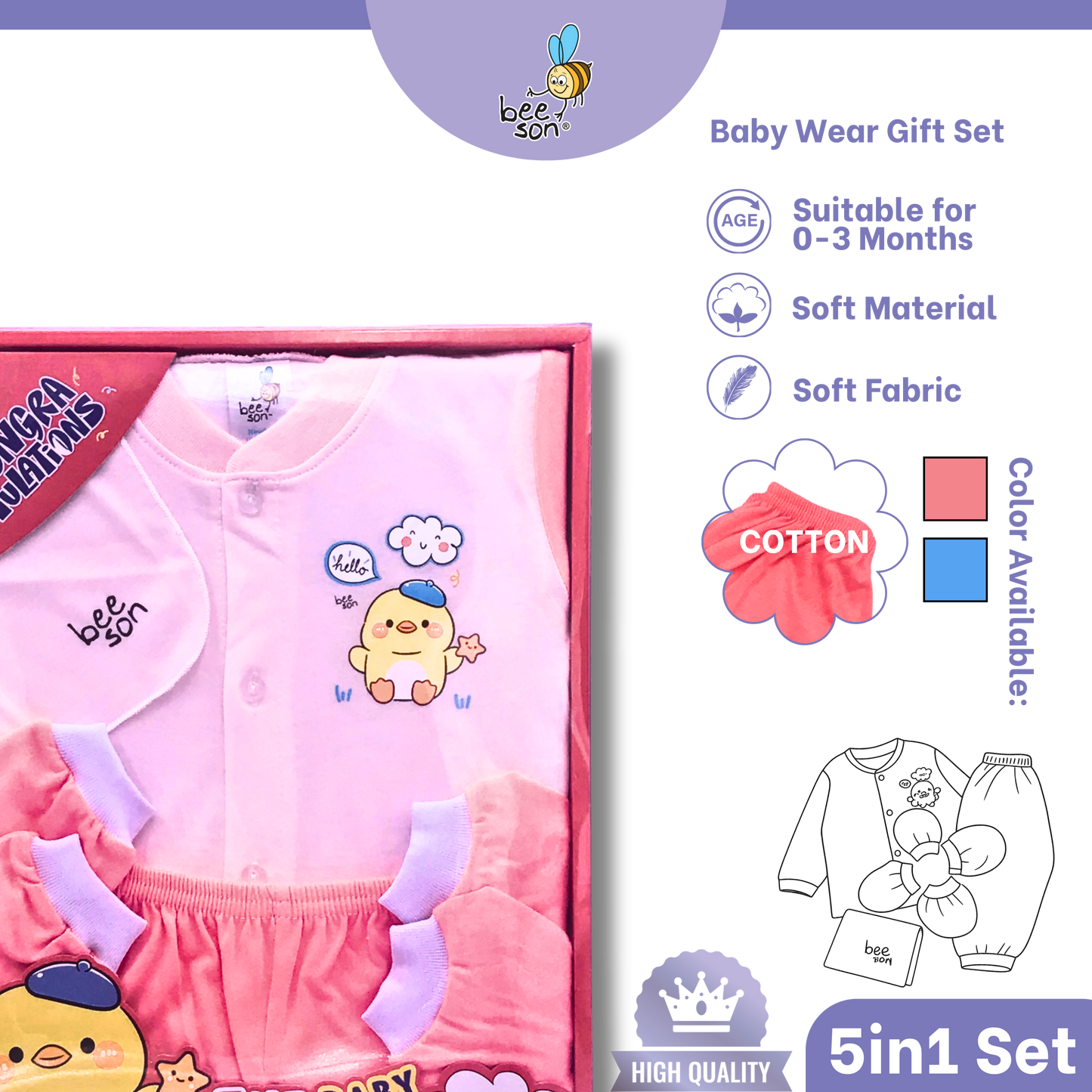 Beeson 5in1 Cotton Newborn Baby Boy / Girl Hamper Wear Gift Set Box | 81283