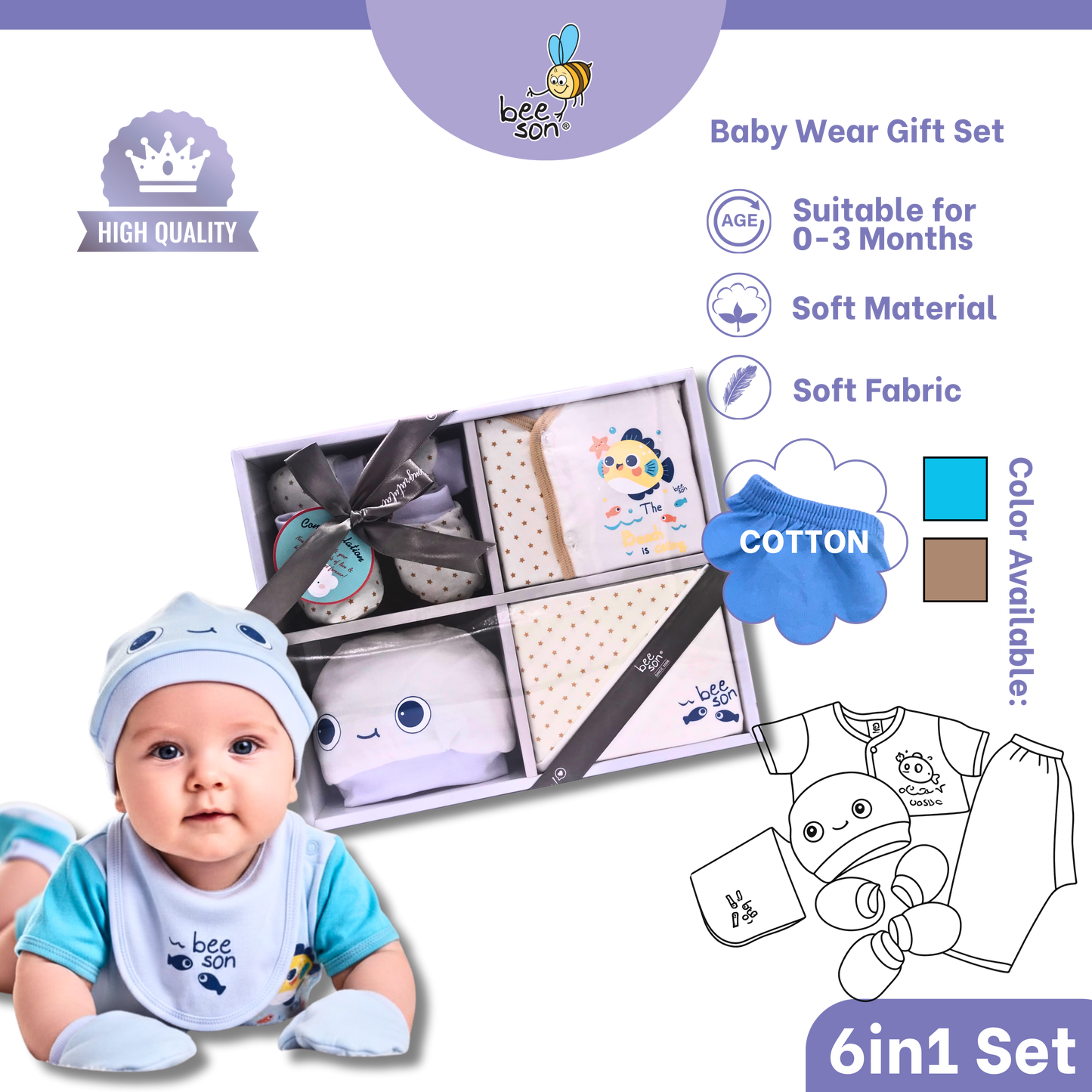 Beeson 6in1 Cotton Newborn Baby Boy / Girl Hamper Wear Gift Set Box | 81284