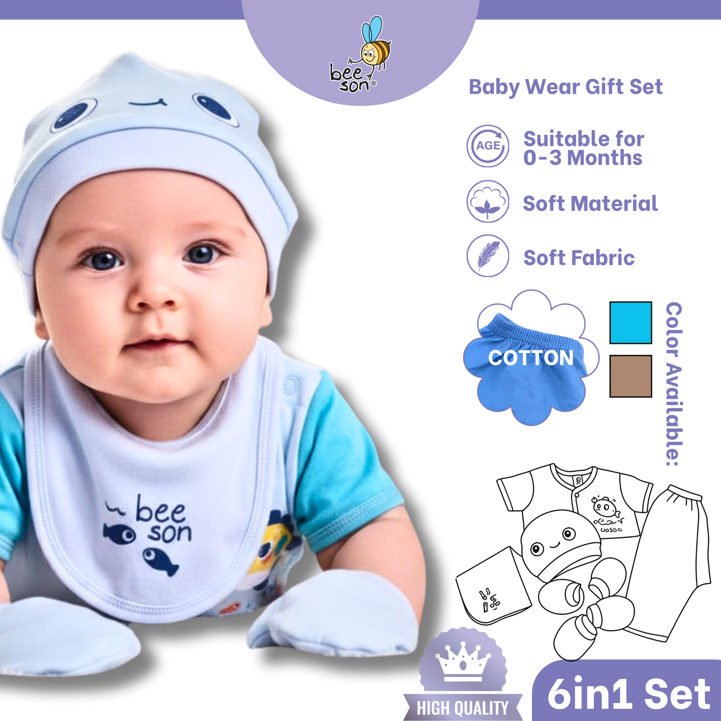 Beeson 6in1 Cotton Newborn Baby Boy / Girl Hamper Wear Gift Set Box | 81284