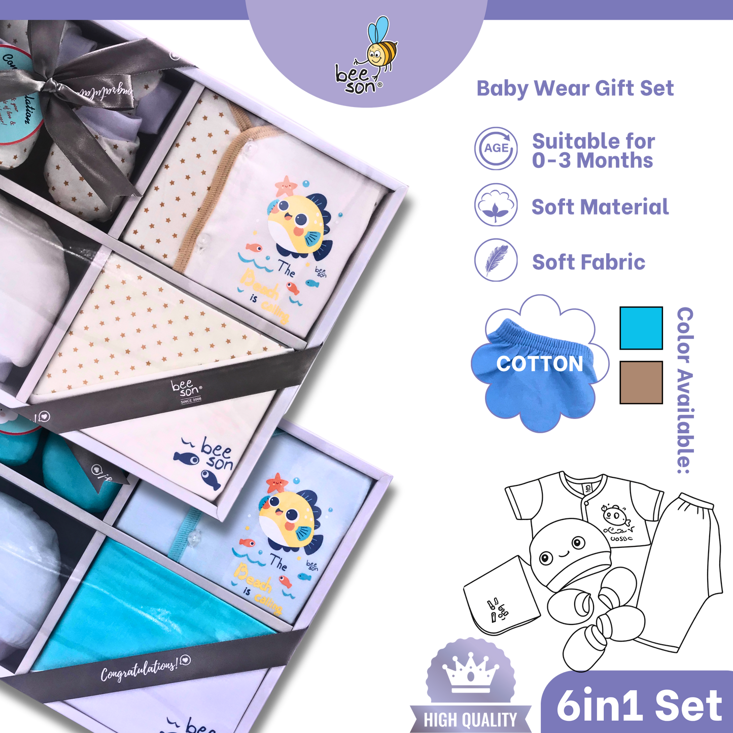 Beeson 6in1 Cotton Newborn Baby Boy / Girl Hamper Wear Gift Set Box | 81284