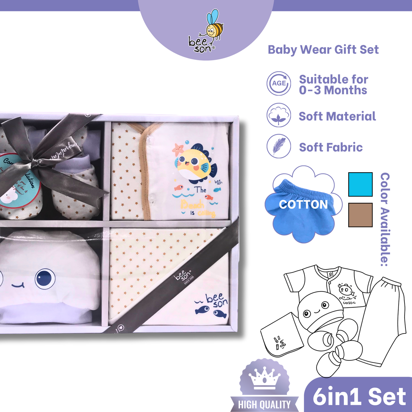 Beeson 6in1 Cotton Newborn Baby Boy / Girl Hamper Wear Gift Set Box | 81284