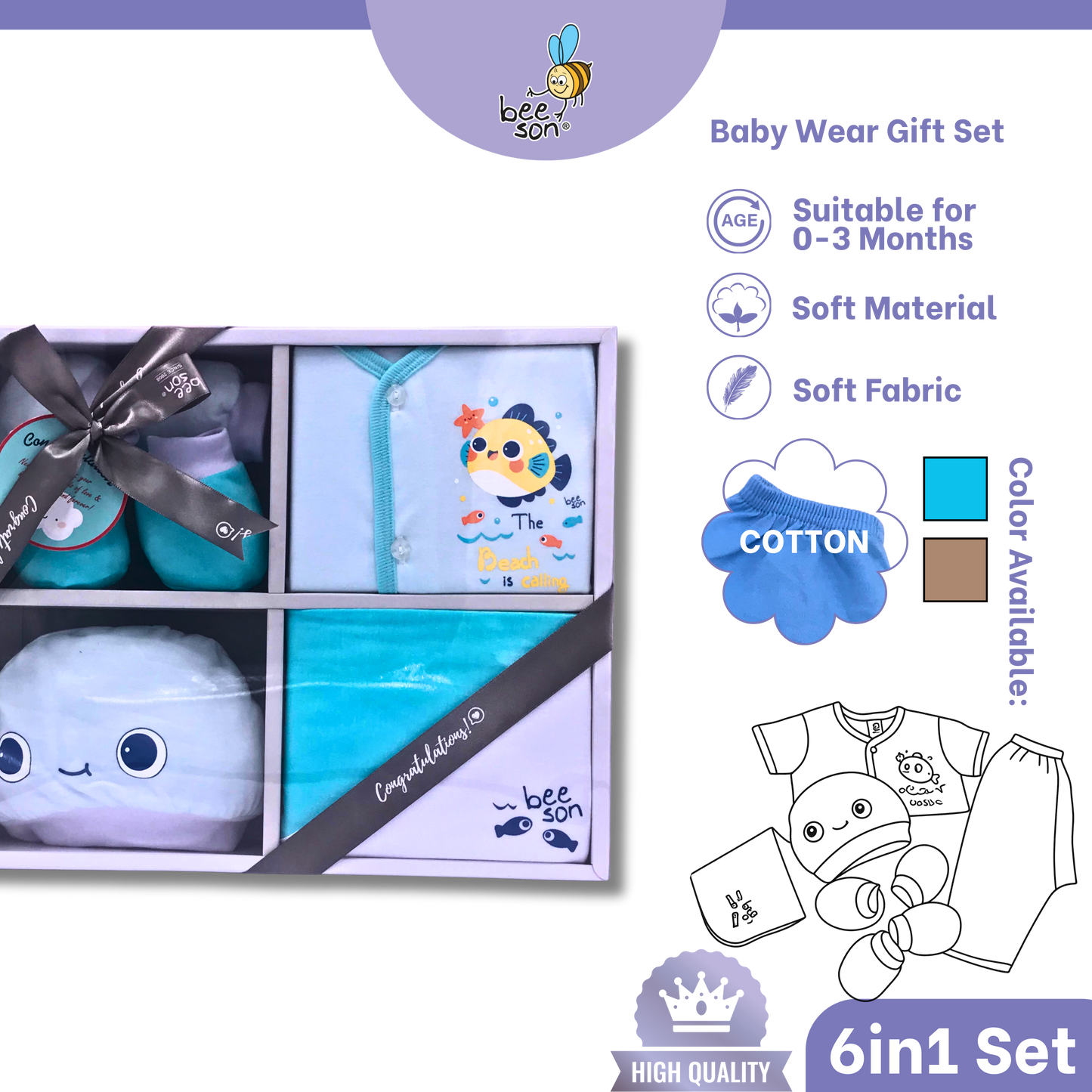 Beeson 6in1 Cotton Newborn Baby Boy / Girl Hamper Wear Gift Set Box | 81284