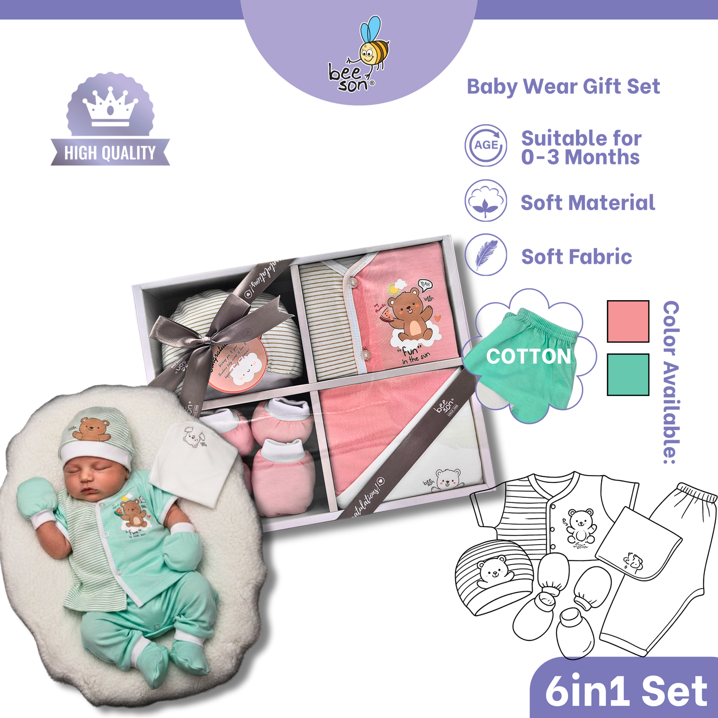 Beeson 6in1 Cotton Newborn Baby Boy / Girl Hamper Wear Gift Set Box | 81285