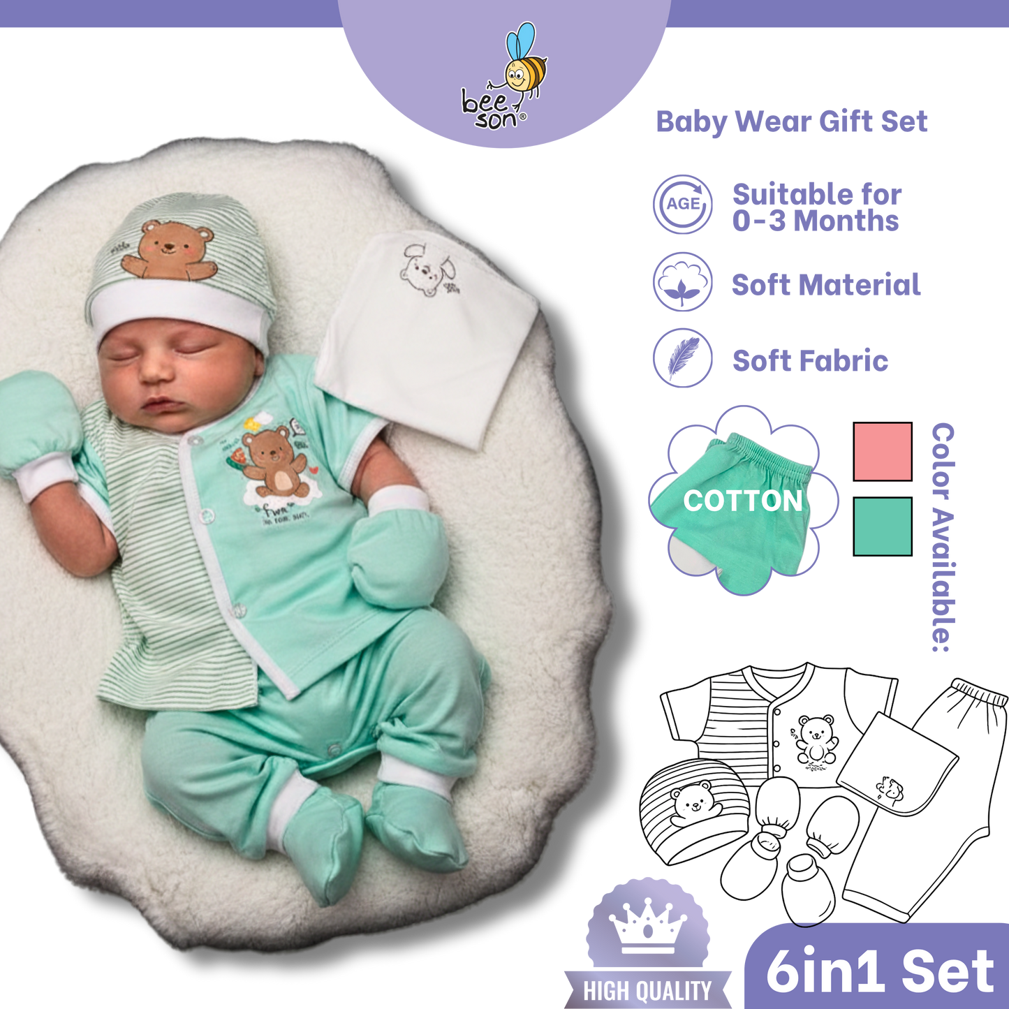 Beeson 6in1 Cotton Newborn Baby Boy / Girl Hamper Wear Gift Set Box | 81285