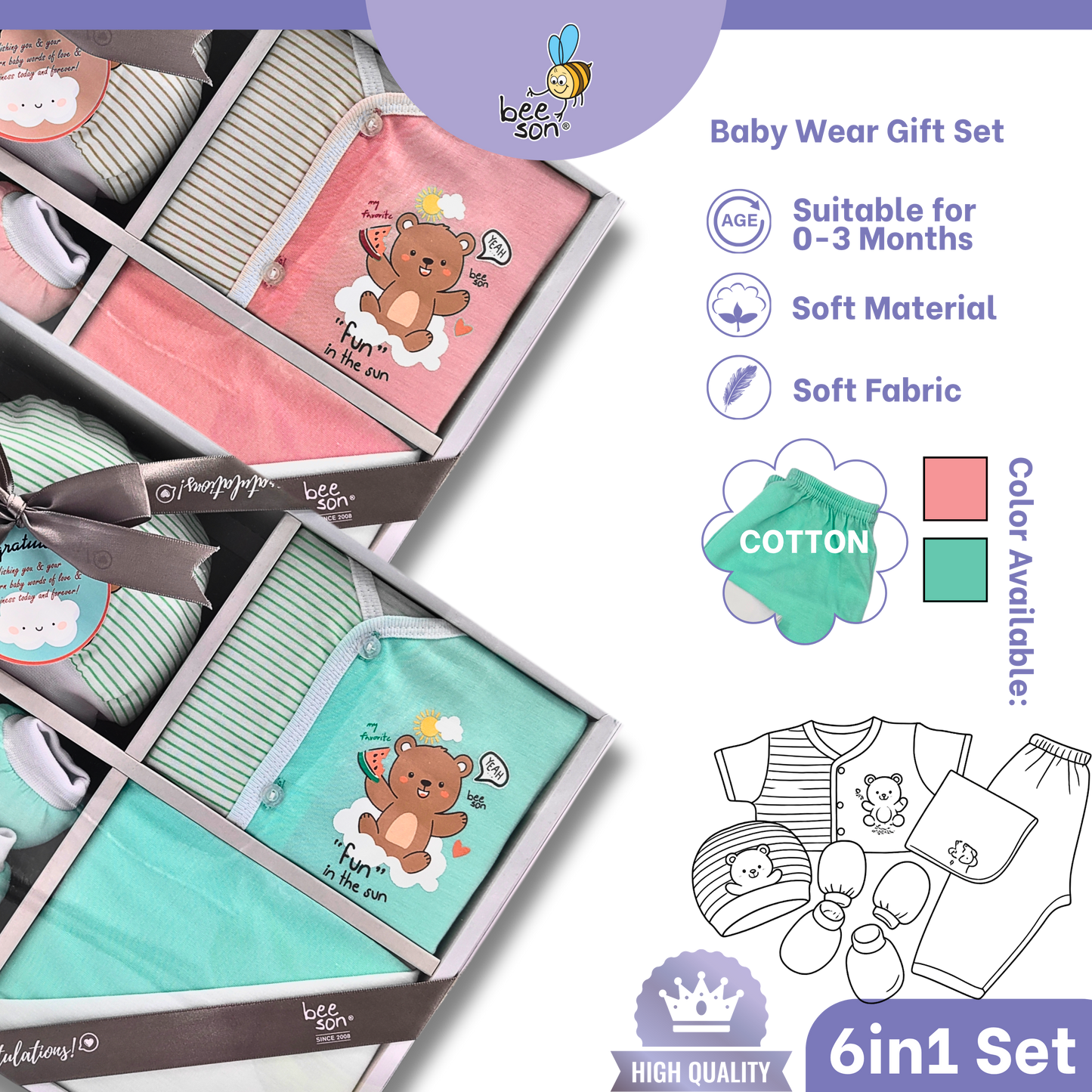 Beeson 6in1 Cotton Newborn Baby Boy / Girl Hamper Wear Gift Set Box | 81285
