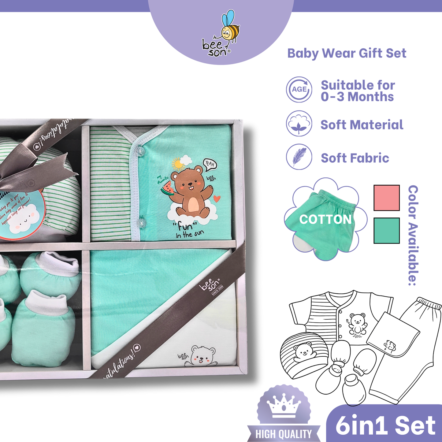 Beeson 6in1 Cotton Newborn Baby Boy / Girl Hamper Wear Gift Set Box | 81285