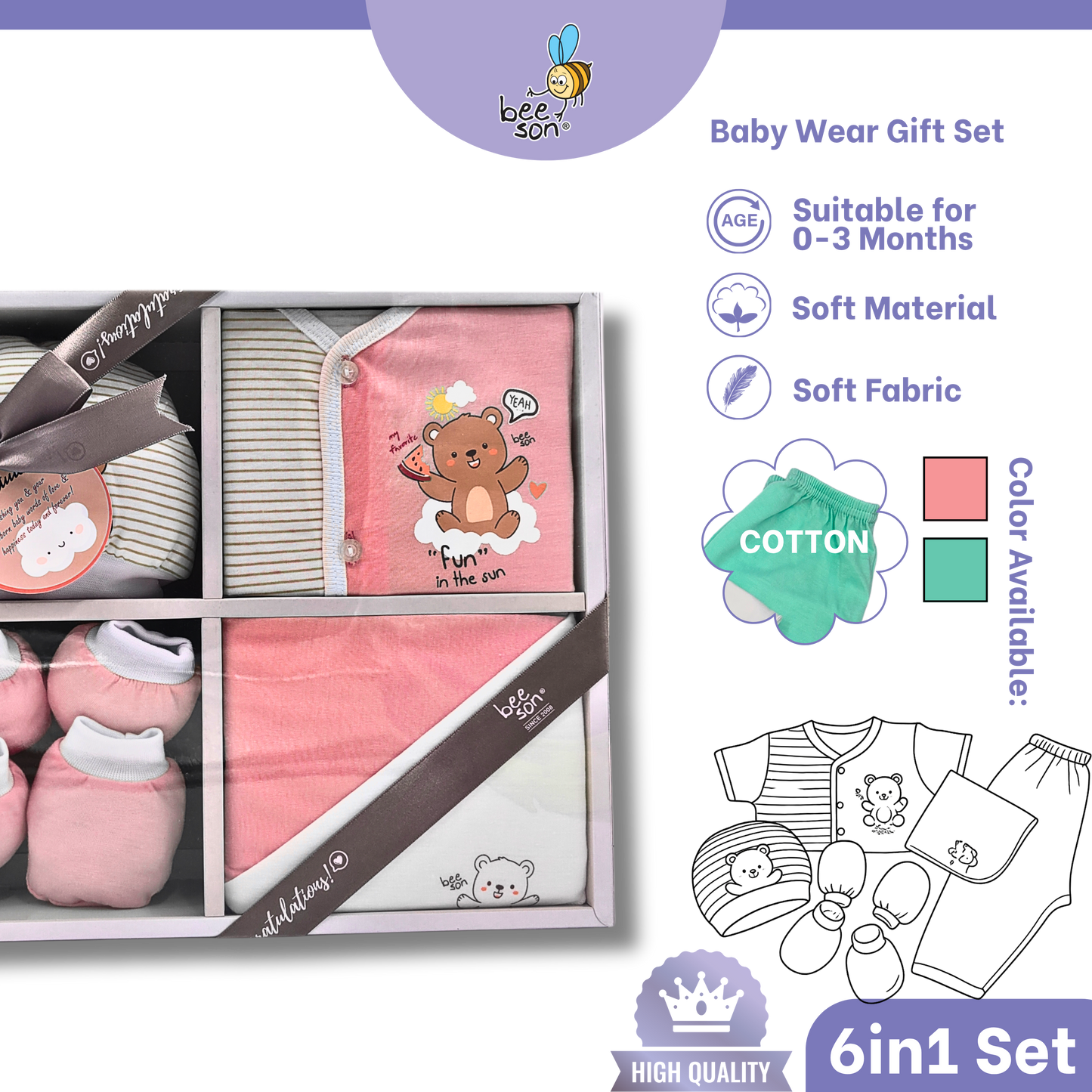 Beeson 6in1 Cotton Newborn Baby Boy / Girl Hamper Wear Gift Set Box | 81285