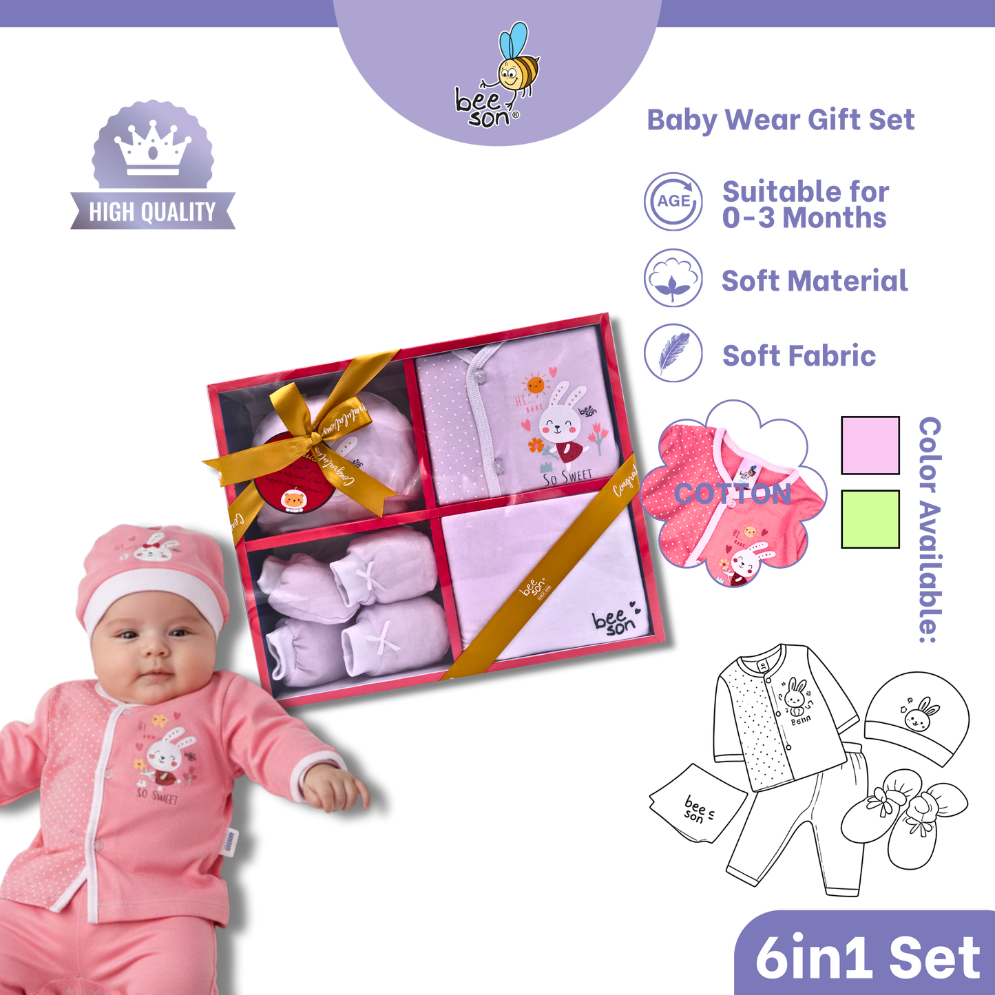 Beeson 6in1 cotton Newborn Baby Boy / Girl Hamper Wear Gift Set Box | 81286