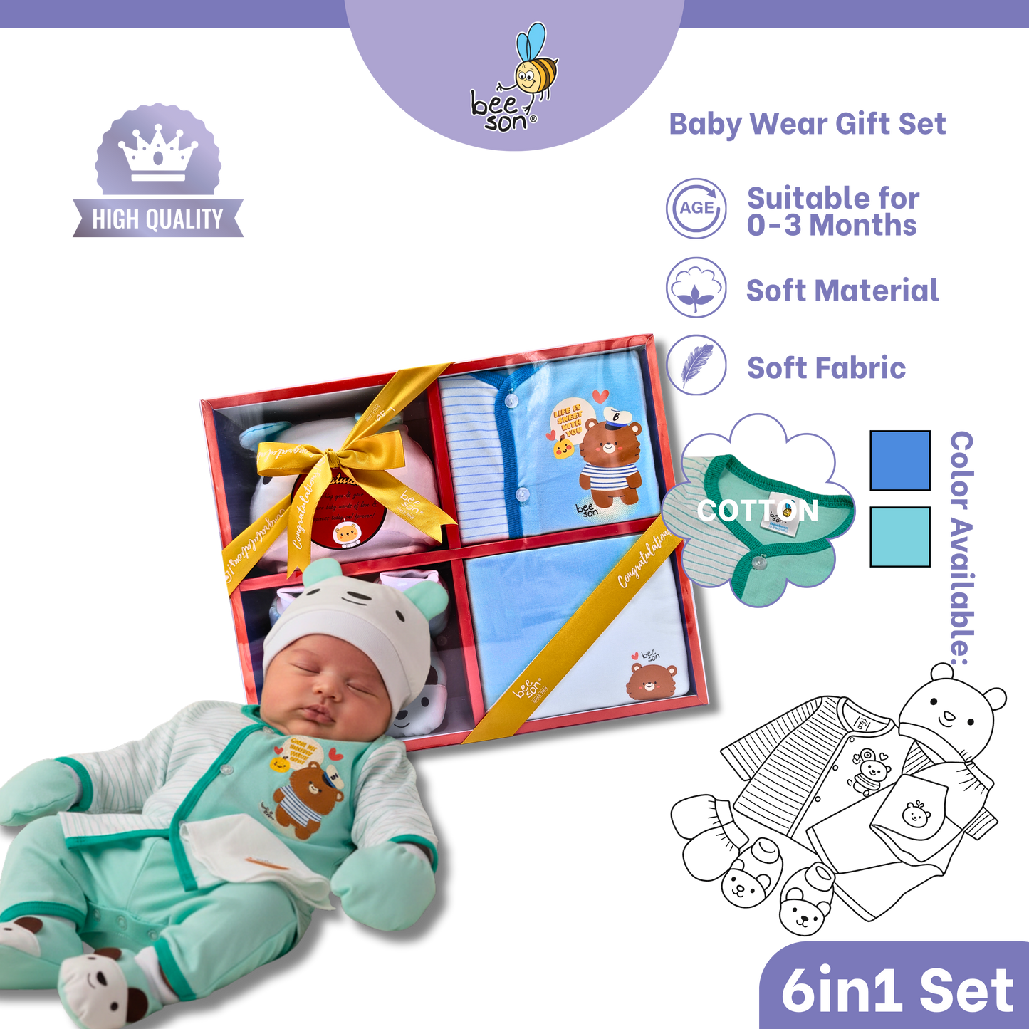 Beeson 6in1 Cotton Newborn Baby Boy / Girl Hamper Wear Gift Set Box | 81287