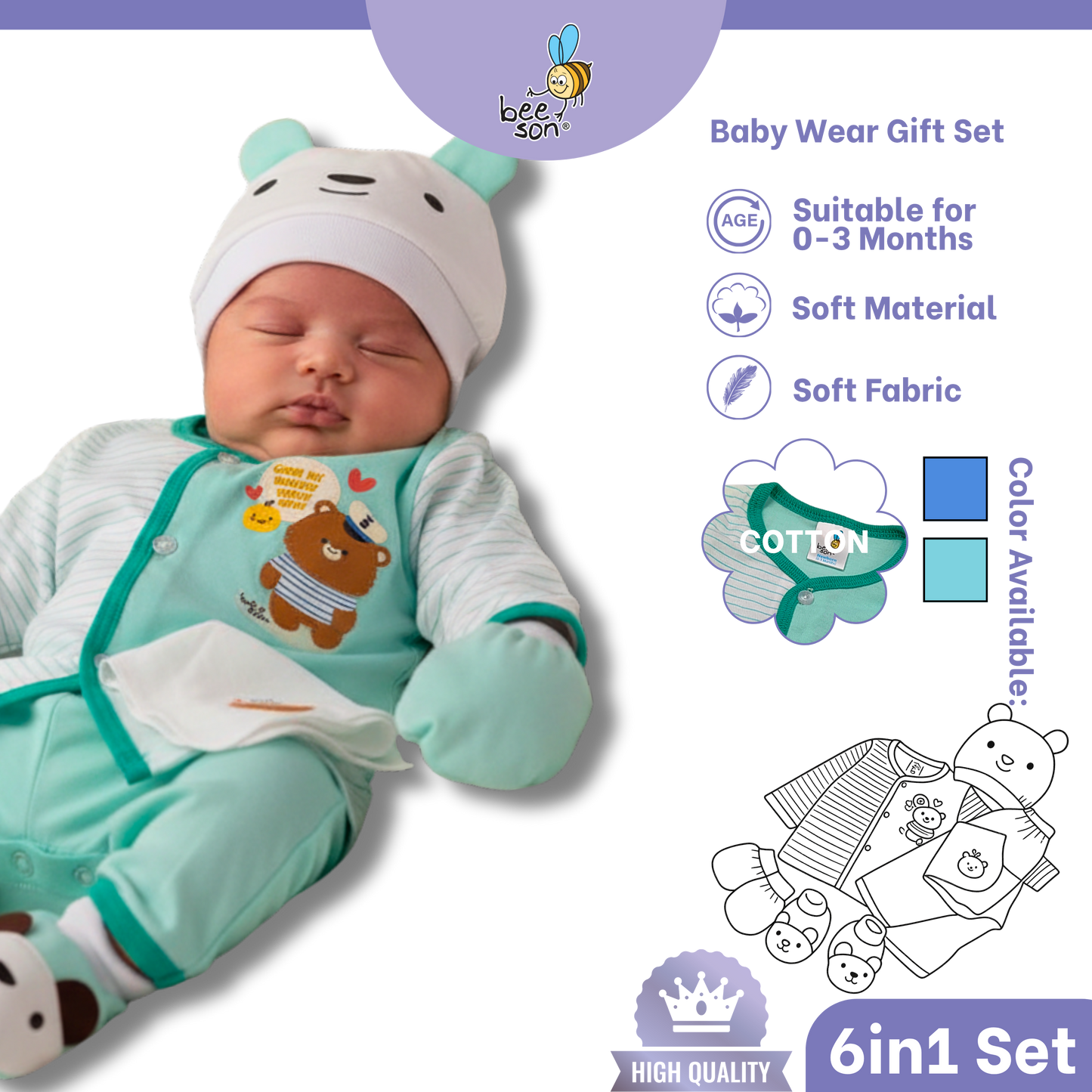Beeson 6in1 Cotton Newborn Baby Boy / Girl Hamper Wear Gift Set Box | 81287