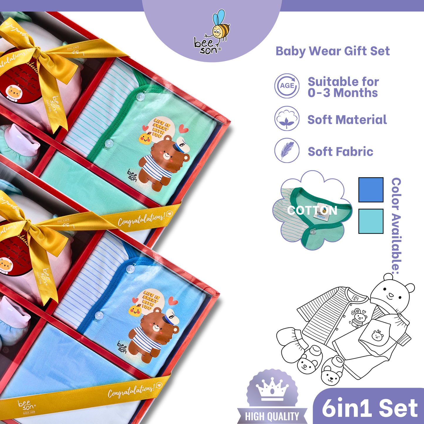 Beeson 6in1 Cotton Newborn Baby Boy / Girl Hamper Wear Gift Set Box | 81287