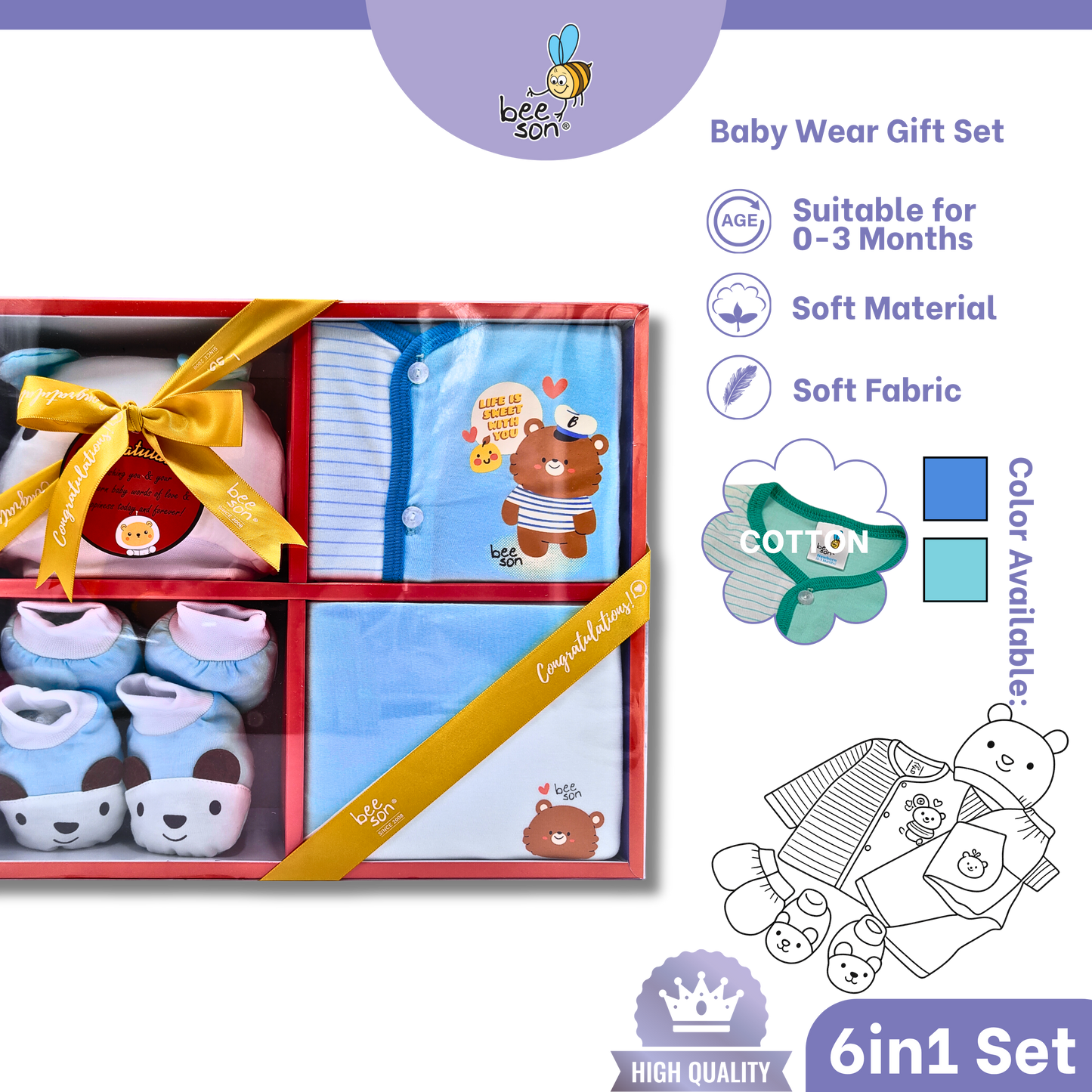Beeson 6in1 Cotton Newborn Baby Boy / Girl Hamper Wear Gift Set Box | 81287