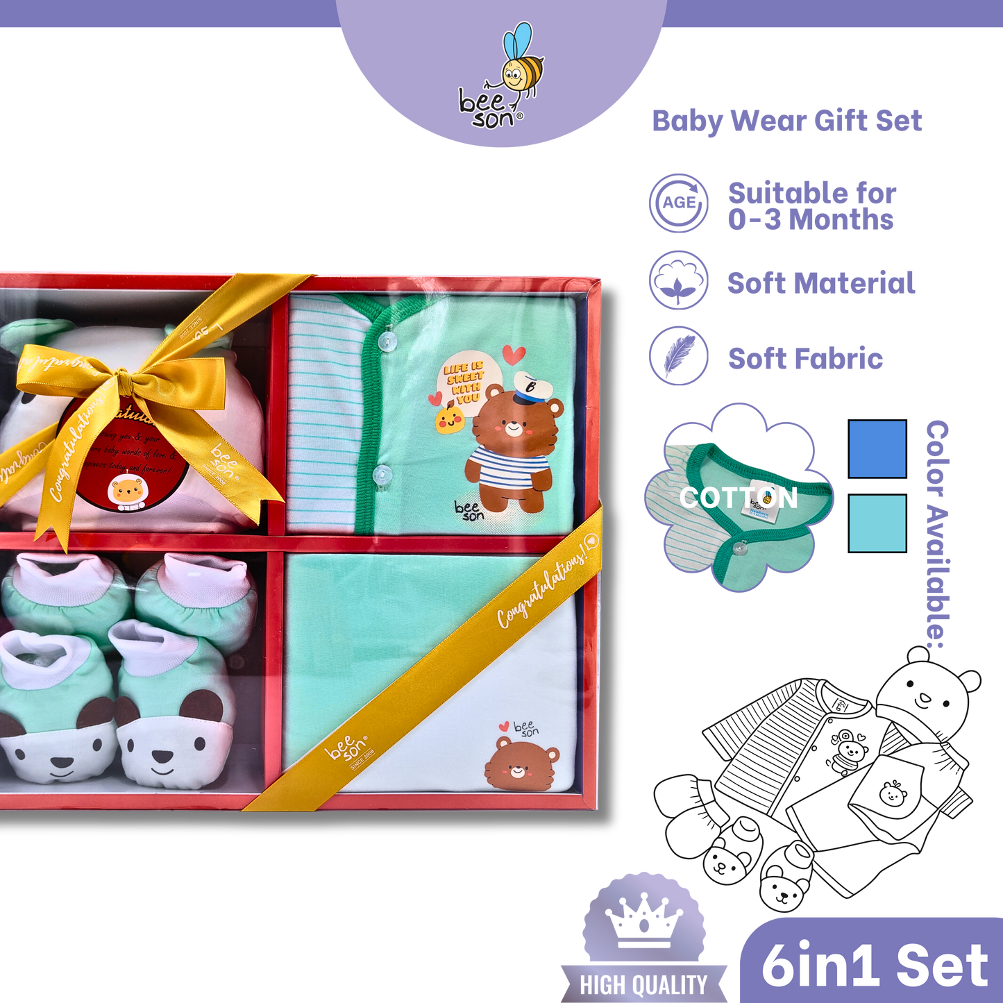 Beeson 6in1 Cotton Newborn Baby Boy / Girl Hamper Wear Gift Set Box | 81287