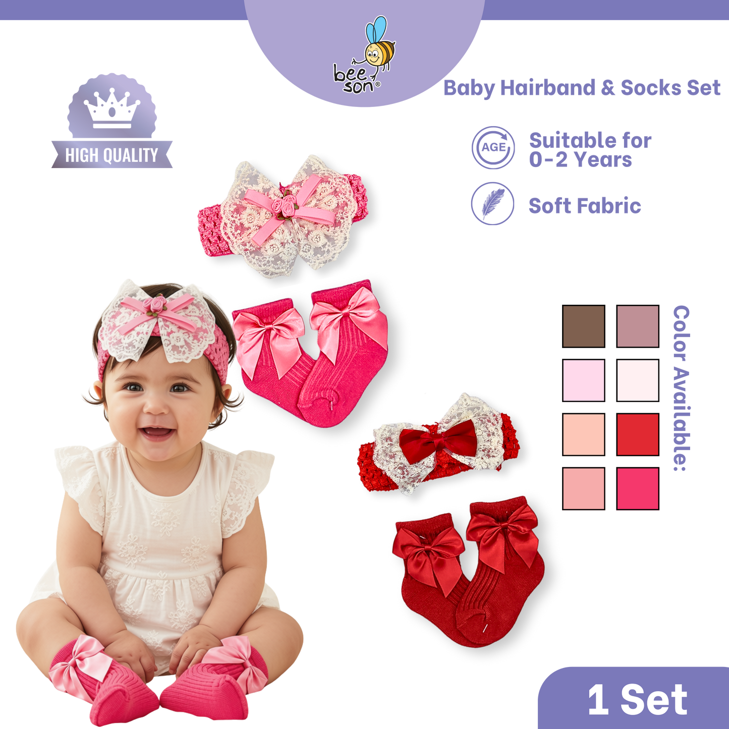 Beeson Baby Girl Headband with Matching Socks Set (0–2 Years) | 10516 A
