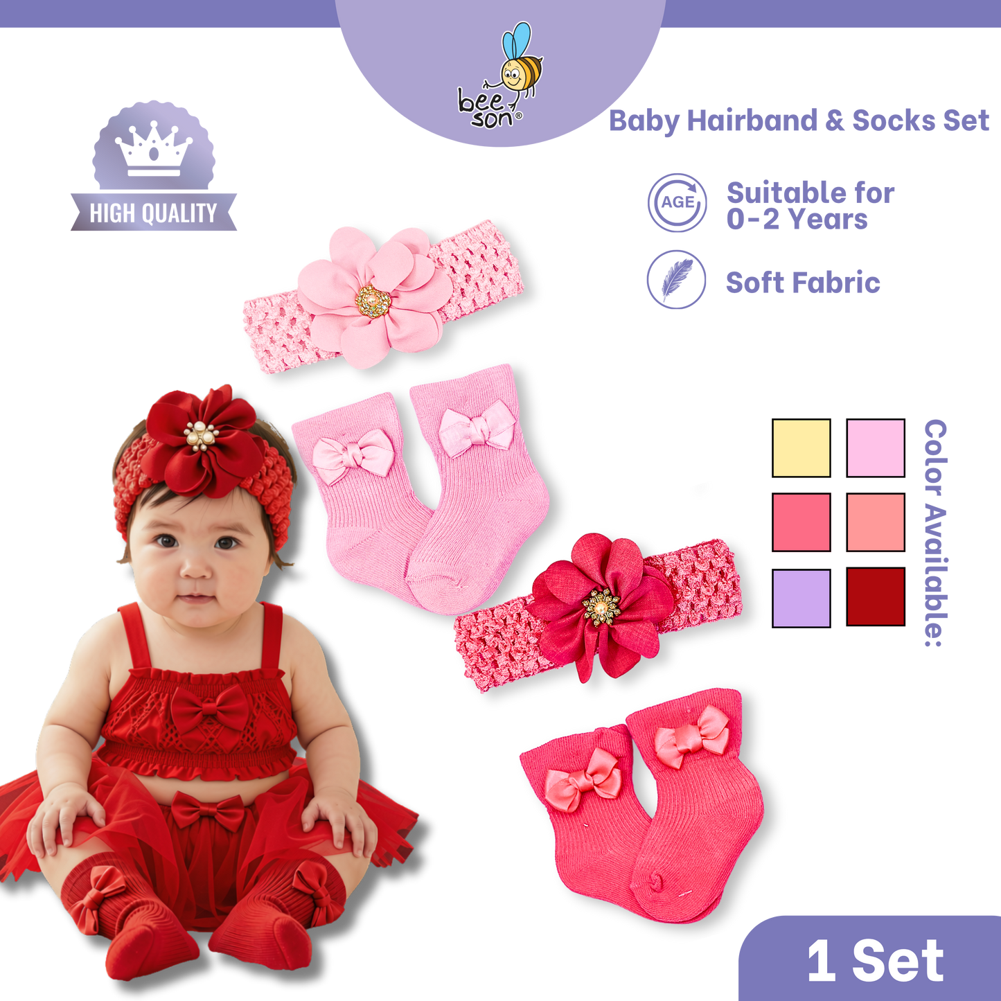 Beeson Baby Girl Headband with Matching Socks Set (0–2 Years) | 10516 B