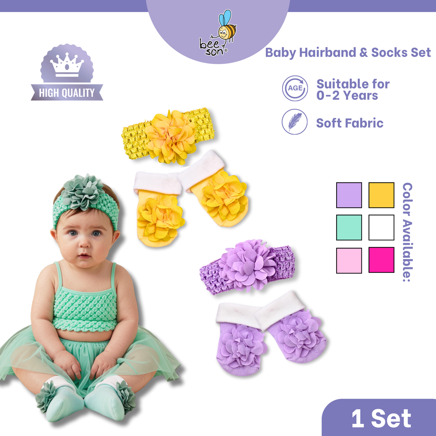 Beeson Baby Girl Headband with Matching Socks Set (0–2 Years) | 10517 B