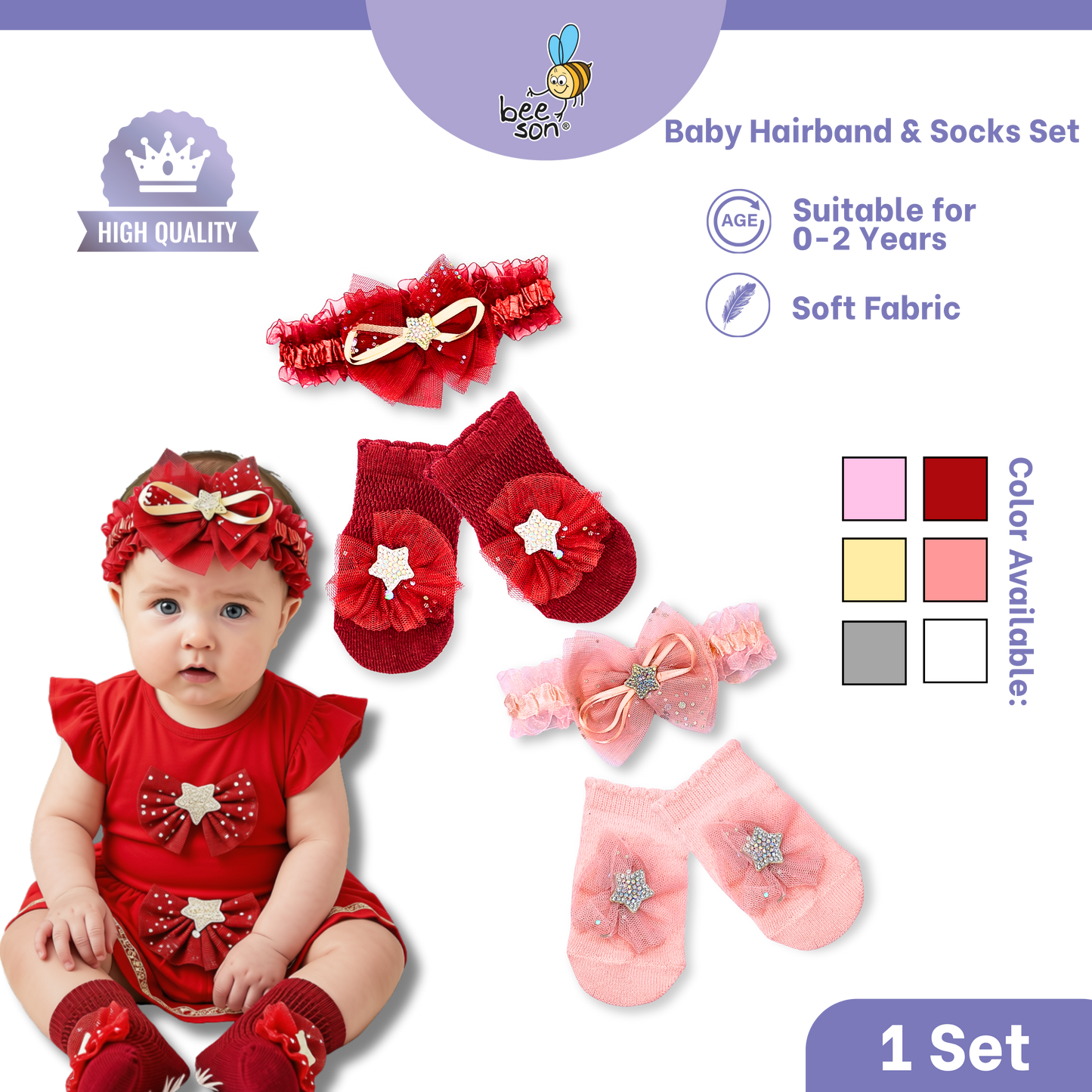 Beeson Baby Girl Headband with Matching Socks Set (0–2 Years) | 10517 C