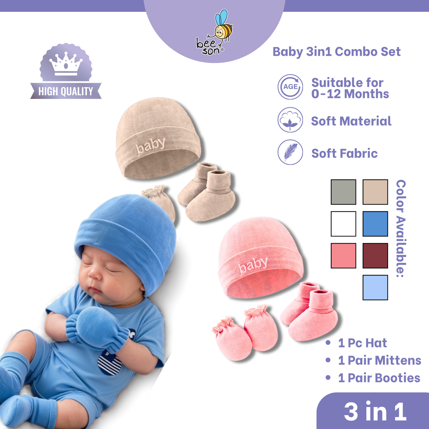 Beeson 3in1 Newborn Baby Boy / Girl Mittens & Booties with Bonnet Set | 10554