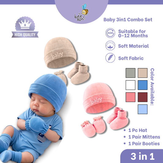 Beeson 3in1 Newborn Baby Boy / Girl Mittens & Booties with Bonnet Set | 10554