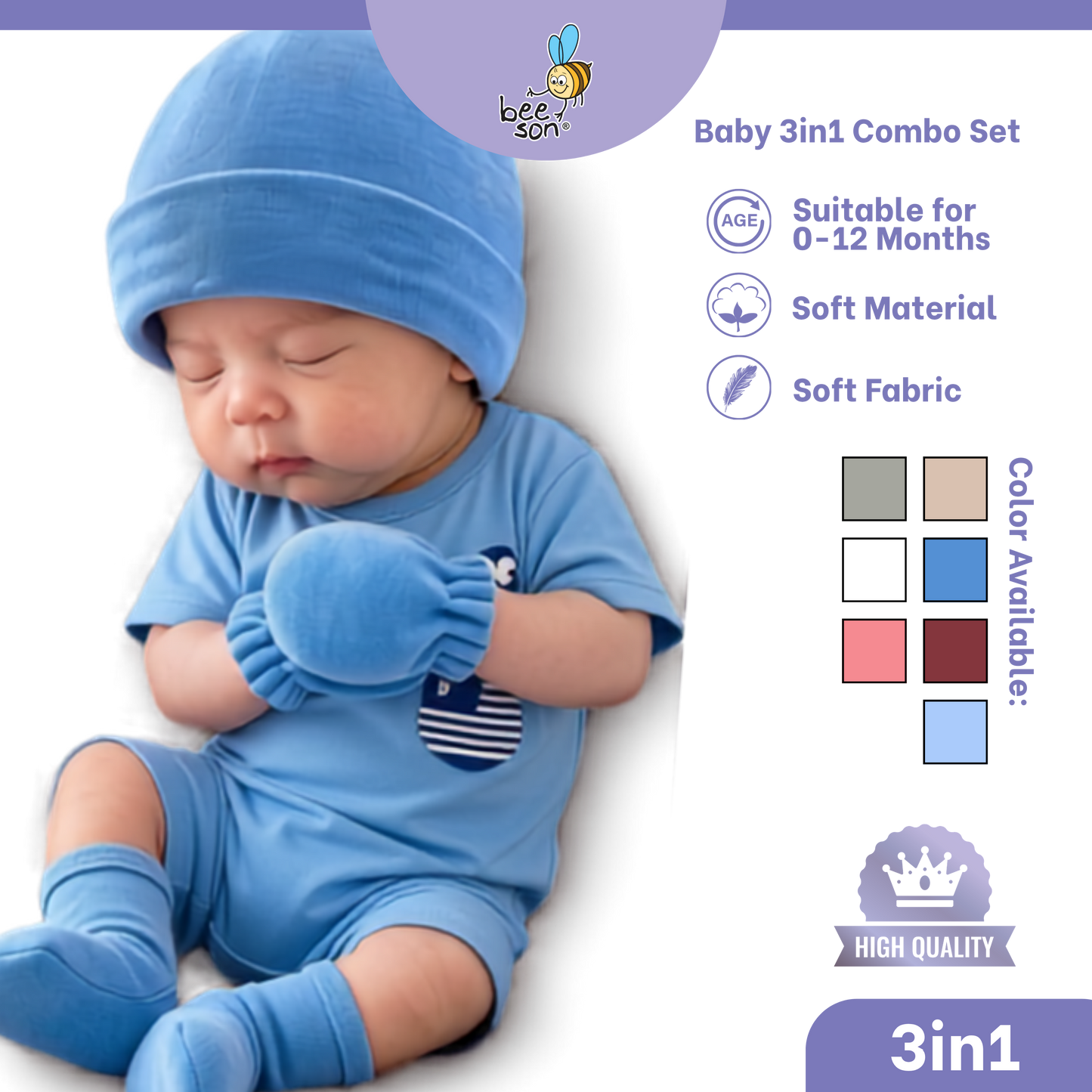 Beeson 3in1 Newborn Baby Boy / Girl Mittens & Booties with Bonnet Set | 10554