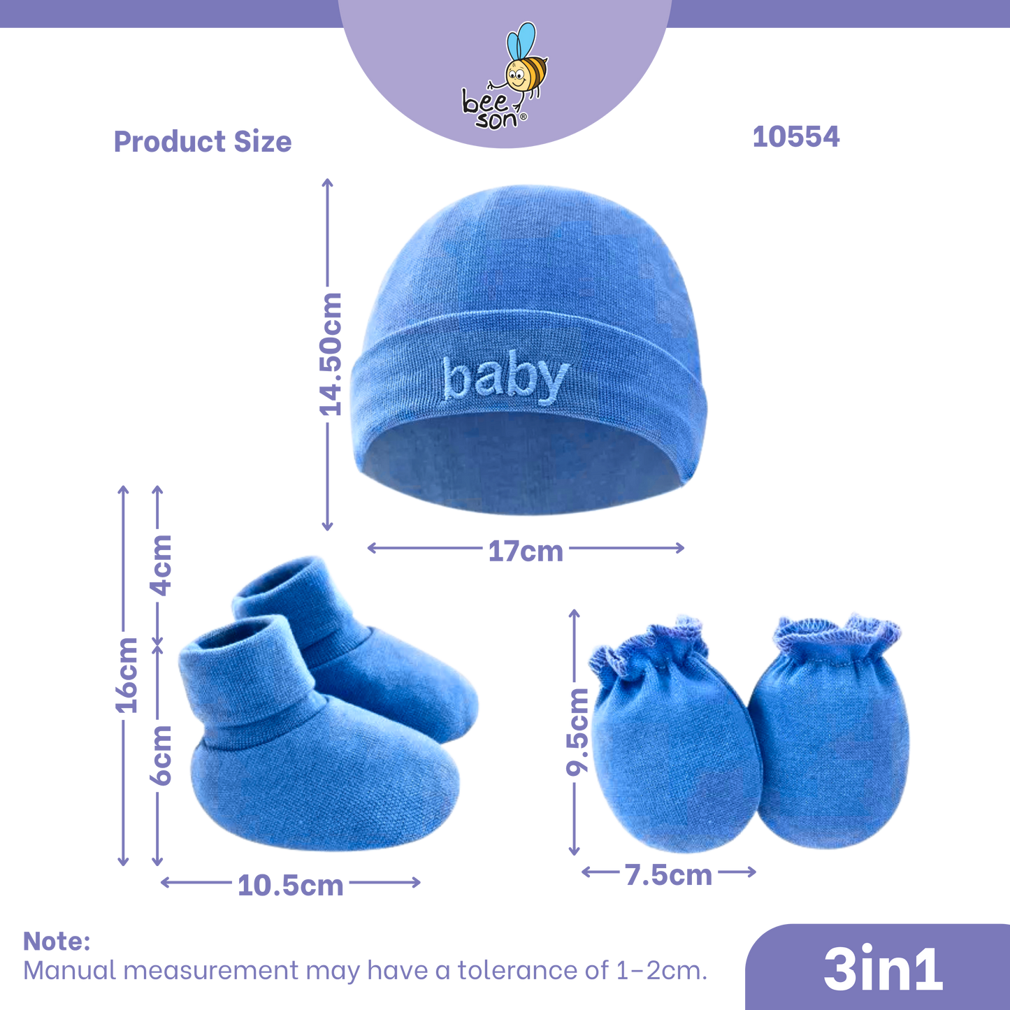 Beeson 3in1 Newborn Baby Boy / Girl Mittens & Booties with Bonnet Set | 10554