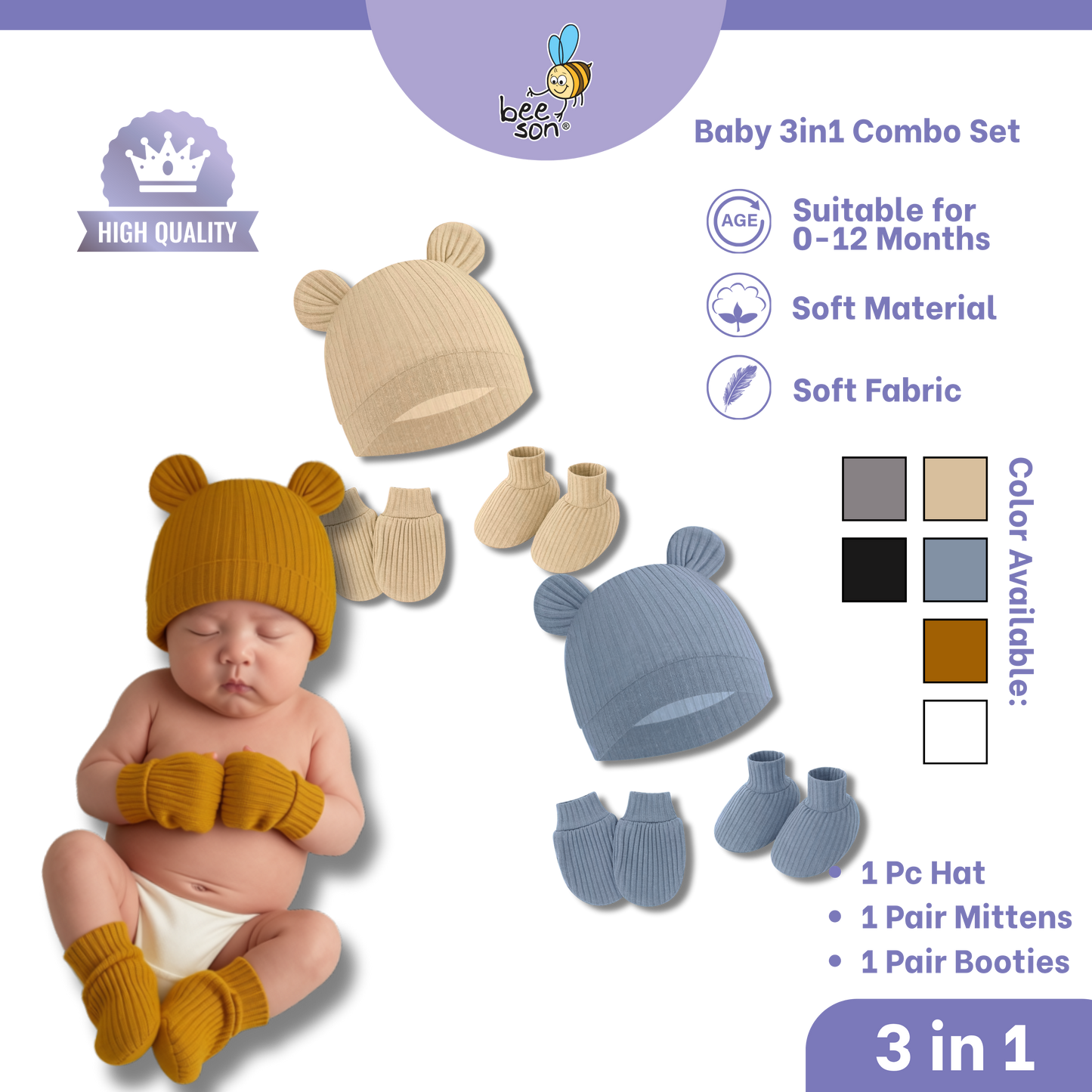 Beeson 3in1 Newborn Baby Boy Mittens & Booties with Bonnet Set | 10555 A