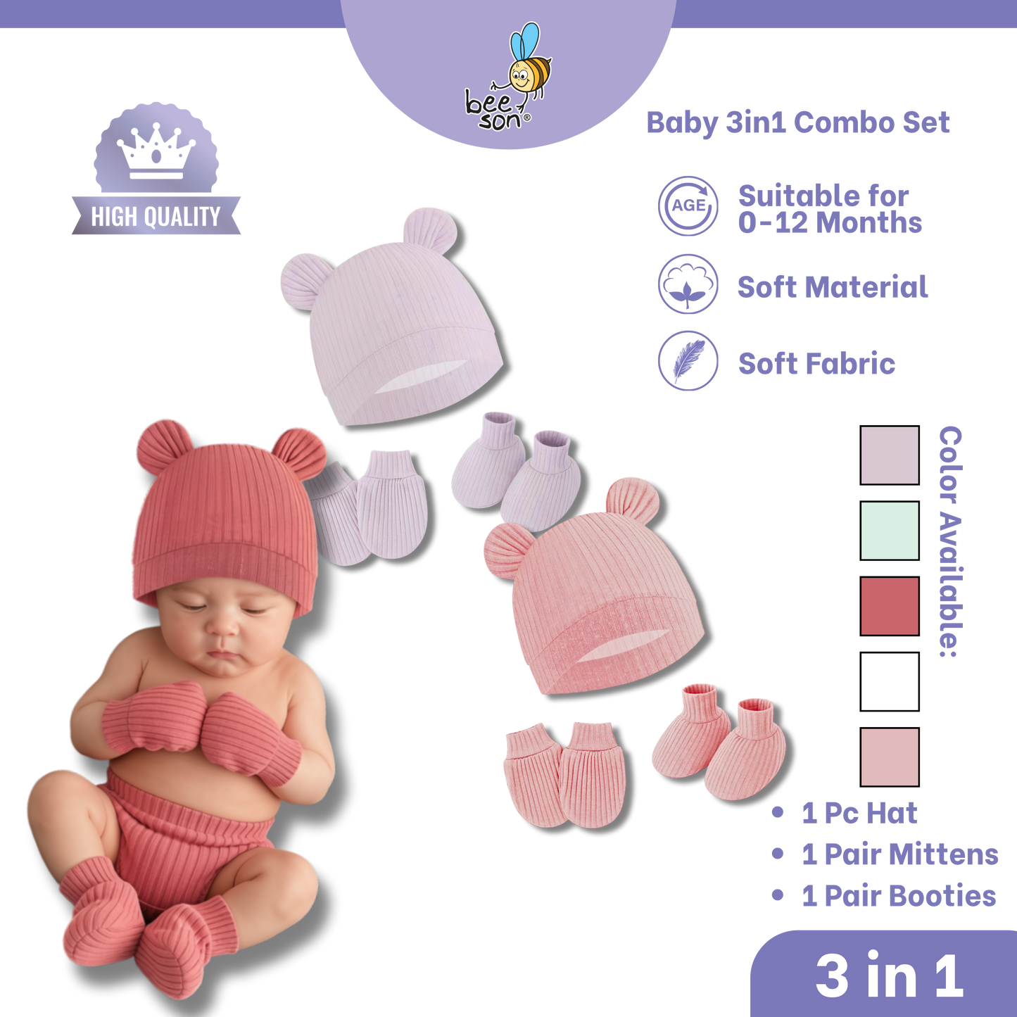 Beeson 3in1 Newborn Baby Girl Mittens & Booties with Bonnet Set | 10555 B