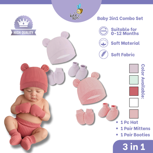 Beeson 3in1 Newborn Baby Girl Mittens & Booties with Bonnet Set | 10555 B