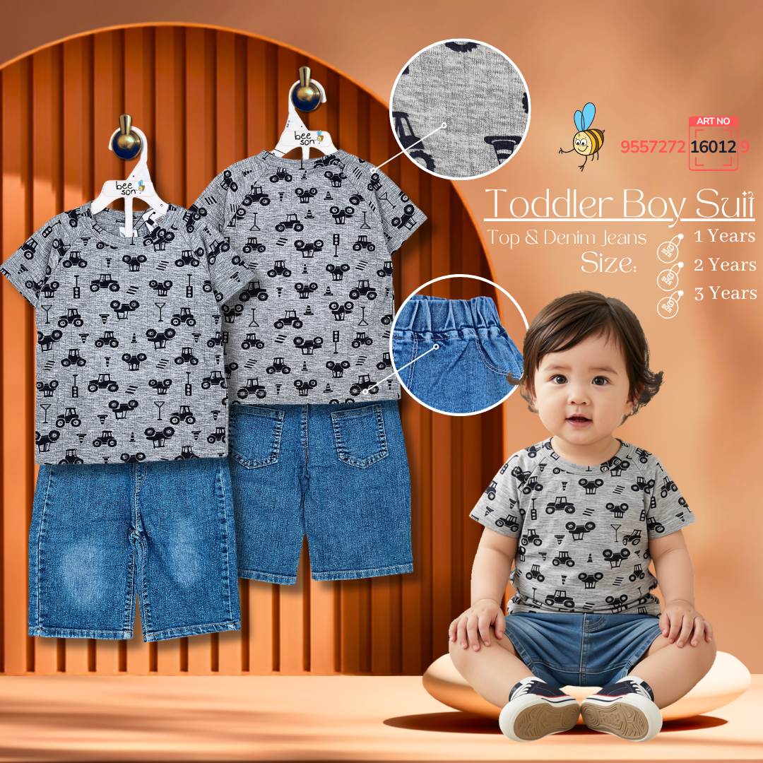 Beeson Toddler Kids Boy Short Sleeve Top & Denim Jeans Suit Set  1-3 Years | 16011 | 16012 | 16013 | 16014
