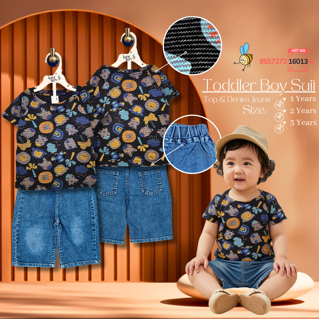 Beeson Toddler Kids Boy Short Sleeve Top & Denim Jeans Suit Set  1-3 Years | 16011 | 16012 | 16013 | 16014