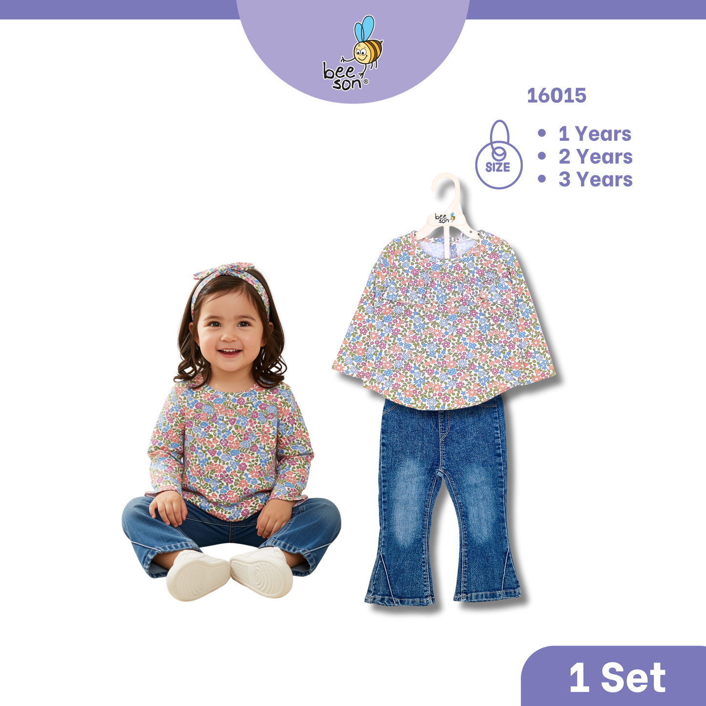 Beeson Toddler Kids Girl Top & Denim Jeans Suit Set 1-3 Years  | 16015 | 16016 | 16017 | 16018